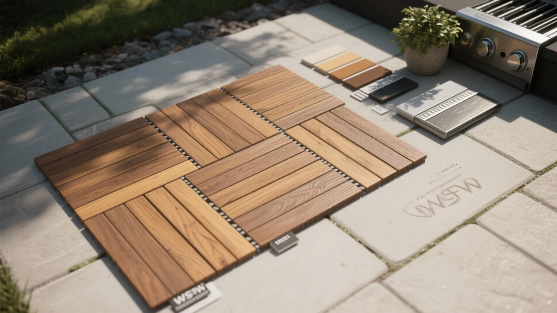 Interlocking wood floor tiles placed on stone patio with small color samples and green plant