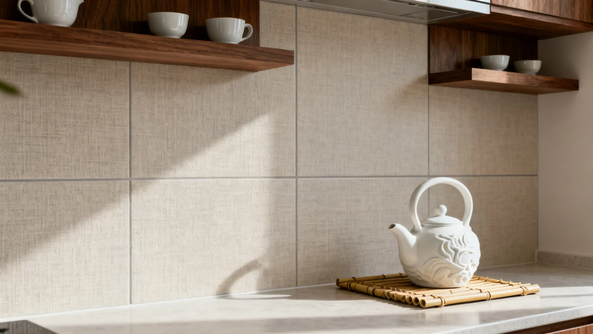 Textured large-format porcelain + wood accents