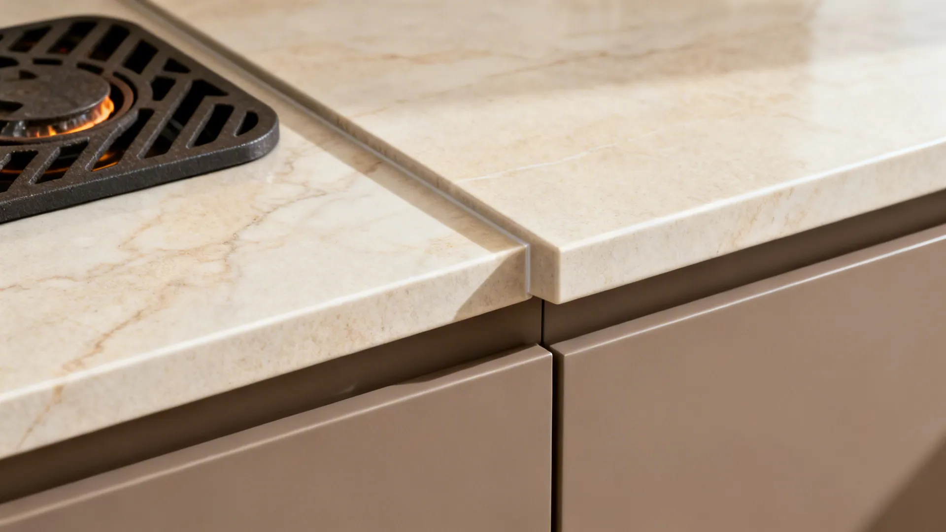 Macro of a mitered porcelain countertop with soft beige veining over matte taupe cabinets.