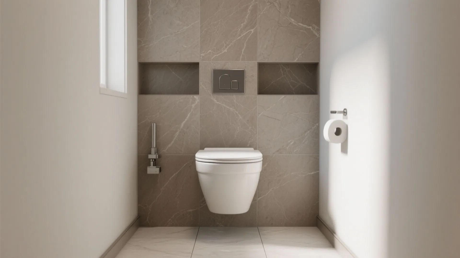 Modern bathroom featuring white toilet with brown stone wall tiles and two wall storage areas