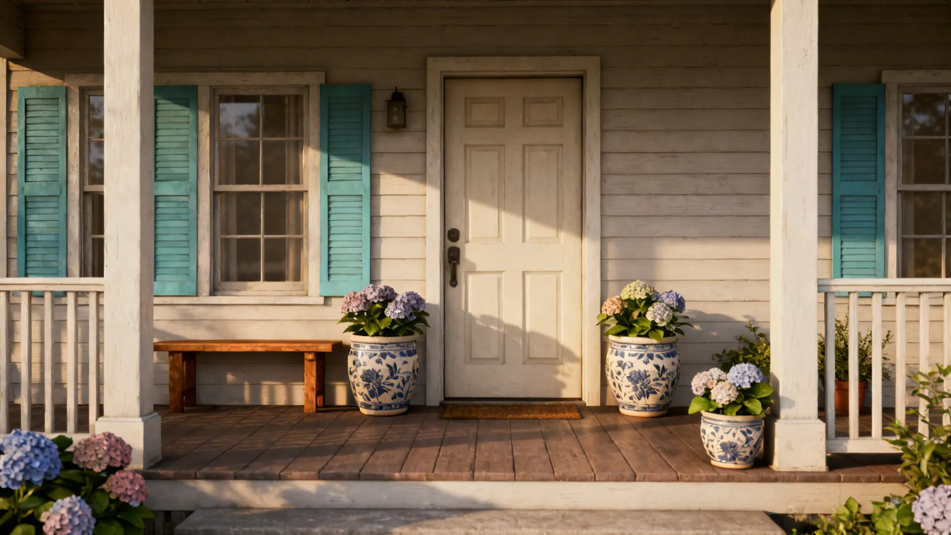 Ranch front porch with matching planters, bench, painted shutters, and potted hydrangeas.