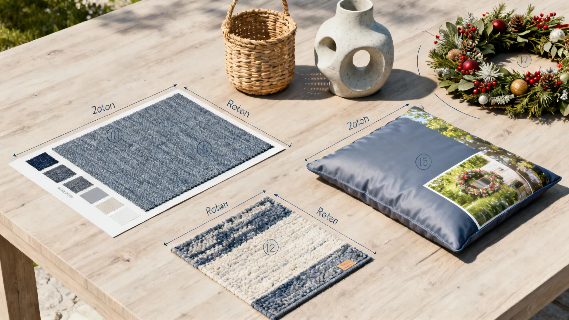 Flatlay of durable porch textiles, woven basket, ceramic accent and rug samples for seasonal rotation.