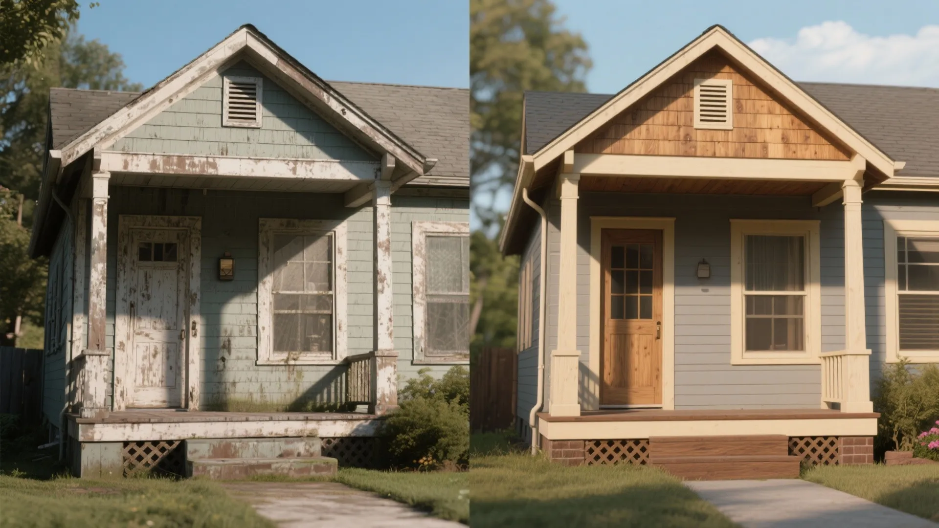 Before and after comparison of an old house porch renovated with new paint and wood details