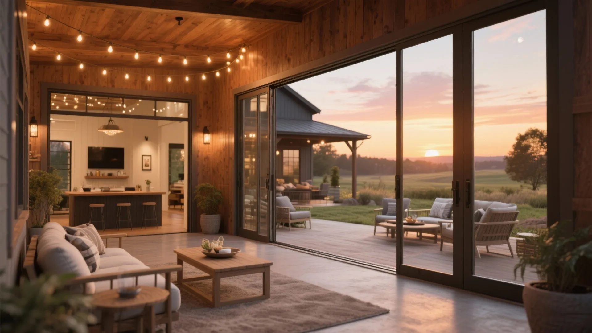 Covered porch connected to the living area through large sliding doors, extending living space outdoors.