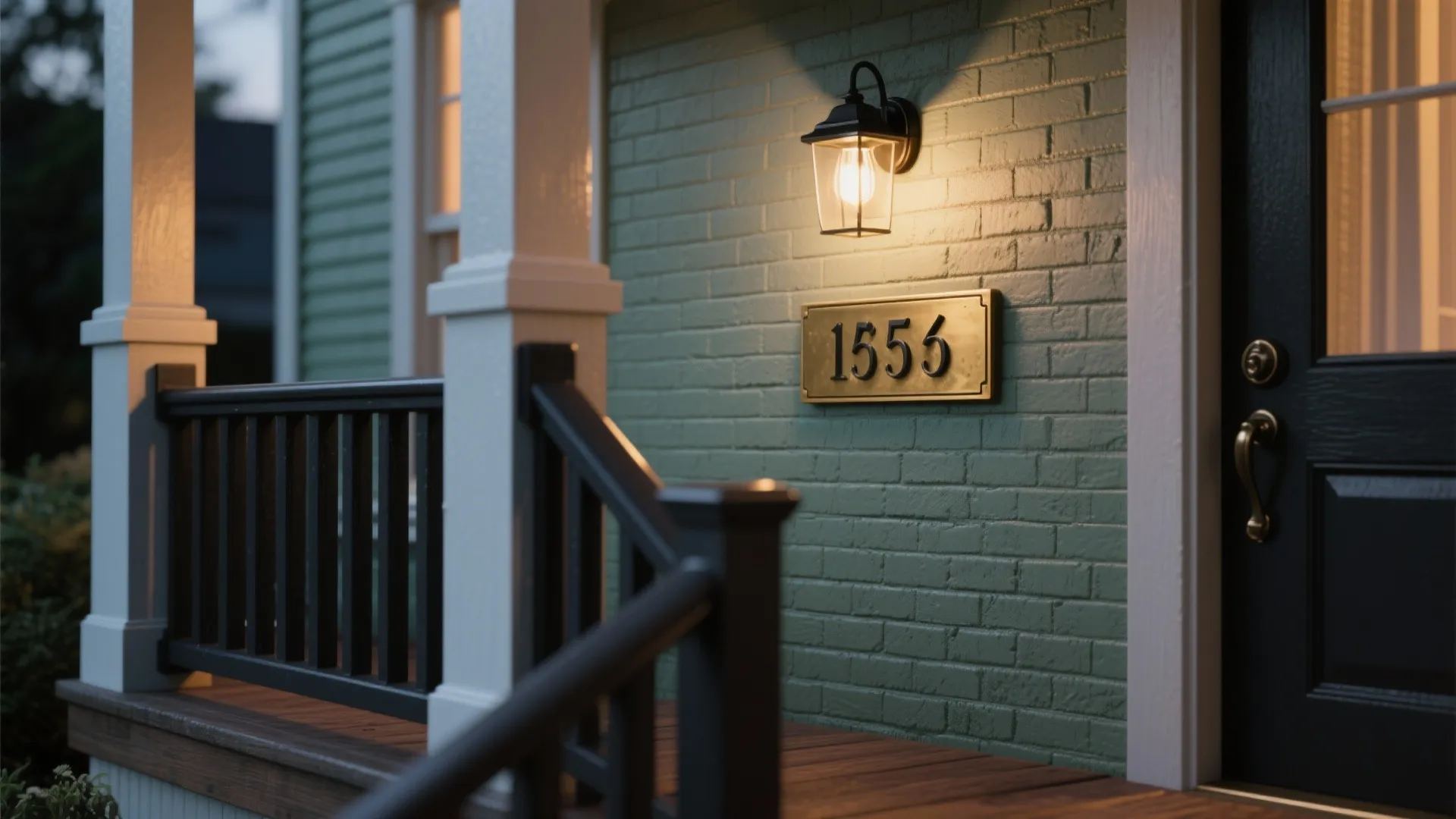 Close up of front porch with wall light shining on house number and black door