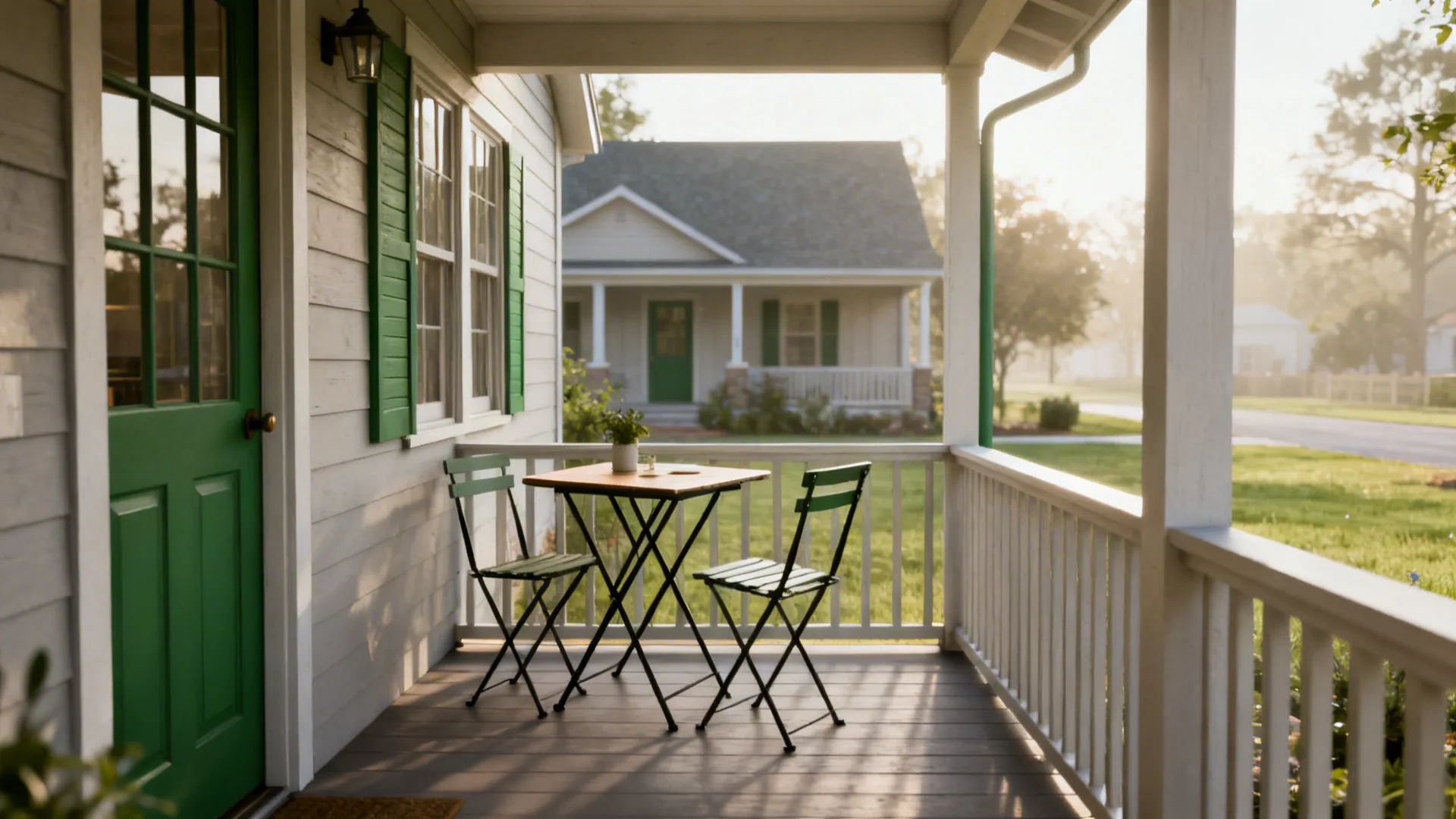 Cozy compact dining nook on a porch with a bistro table and slim chairs.