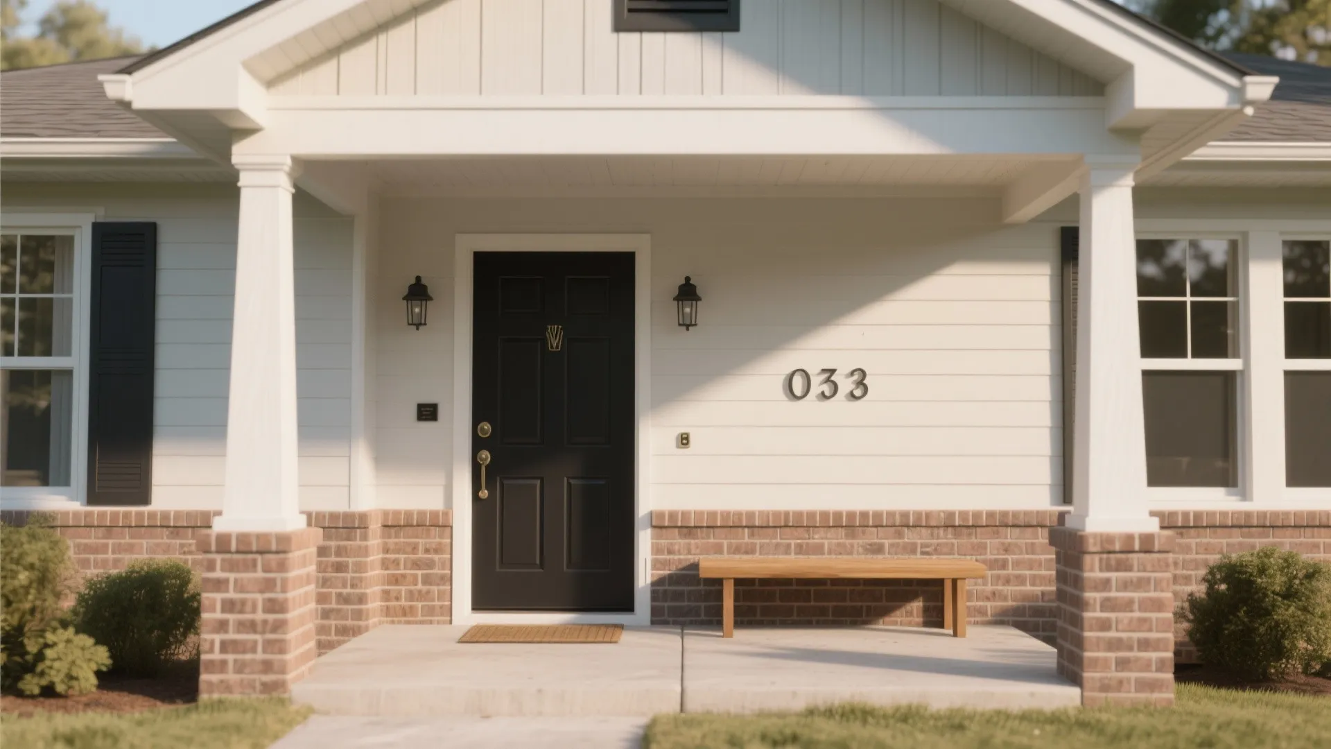 White house front porch featuring black door wooden bench brick pillars and two wall lights