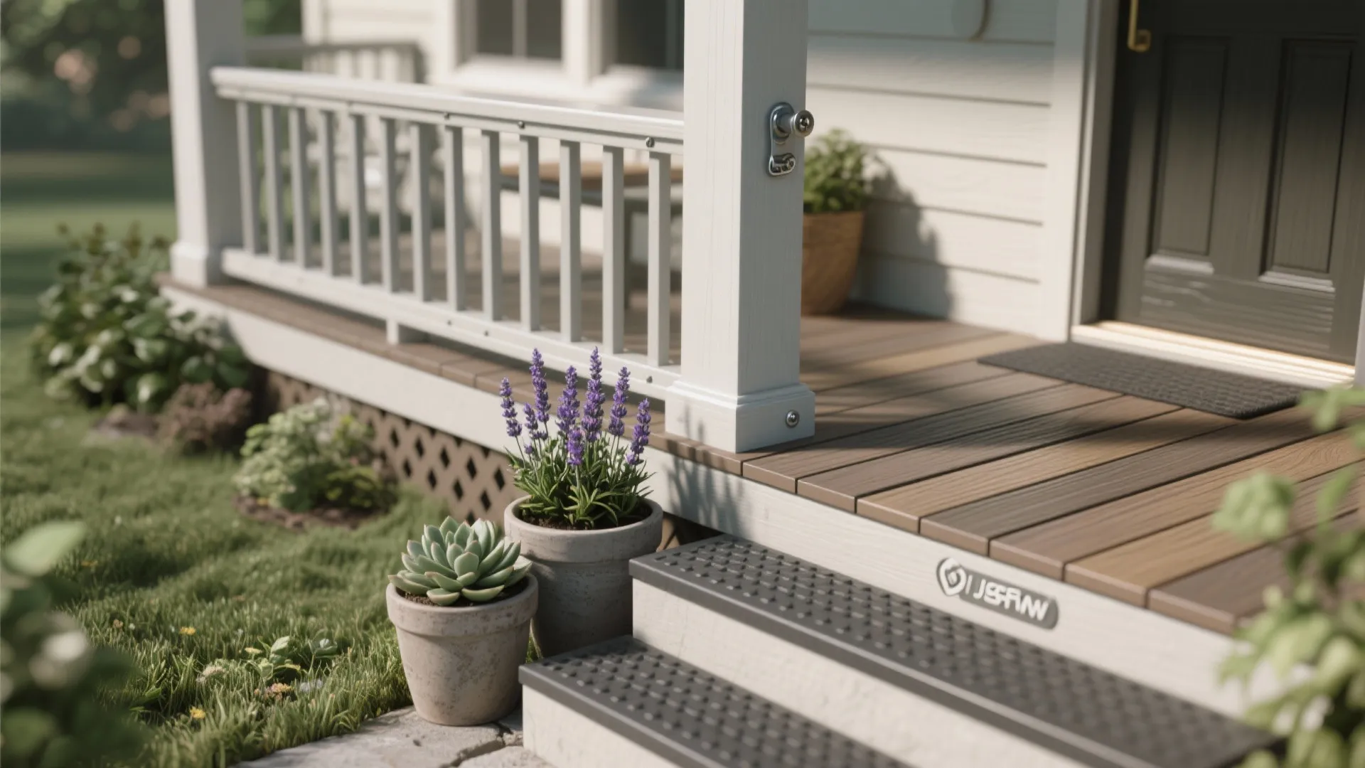 Front porch wood deck with white railing stairs and potted plants next to a black door