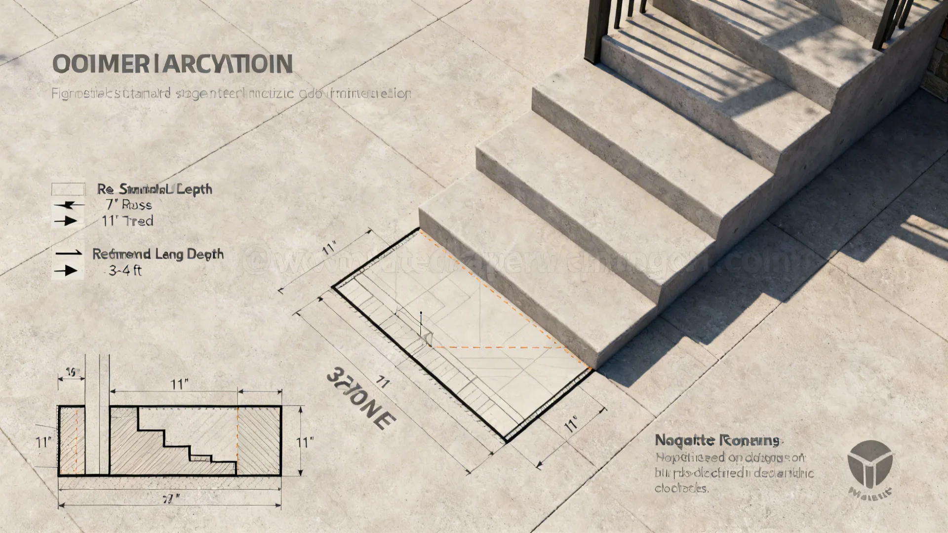 Top-down diagram illustrating step dimensions, landing depth, and drainage slope for small porches.