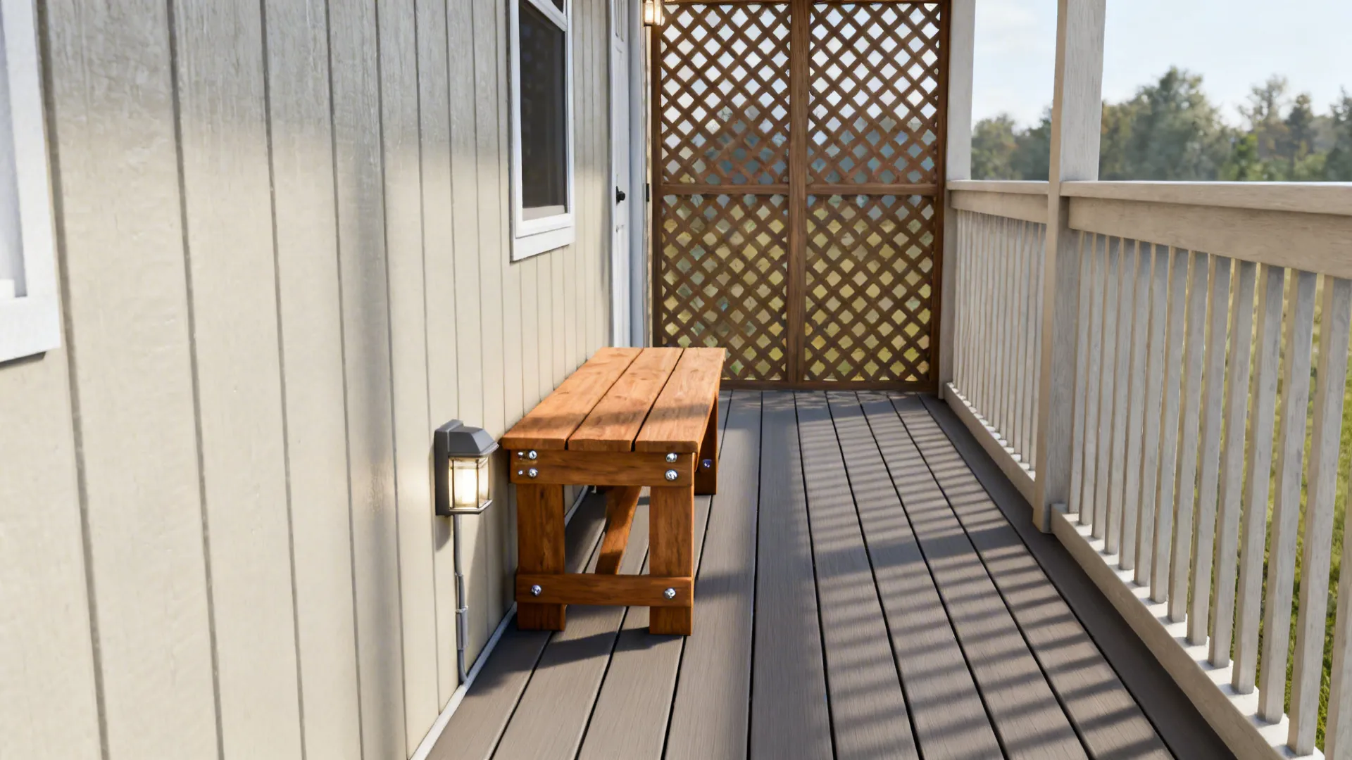 Narrow porch annotated with durable materials and safe lighting for FAQs about porch choices