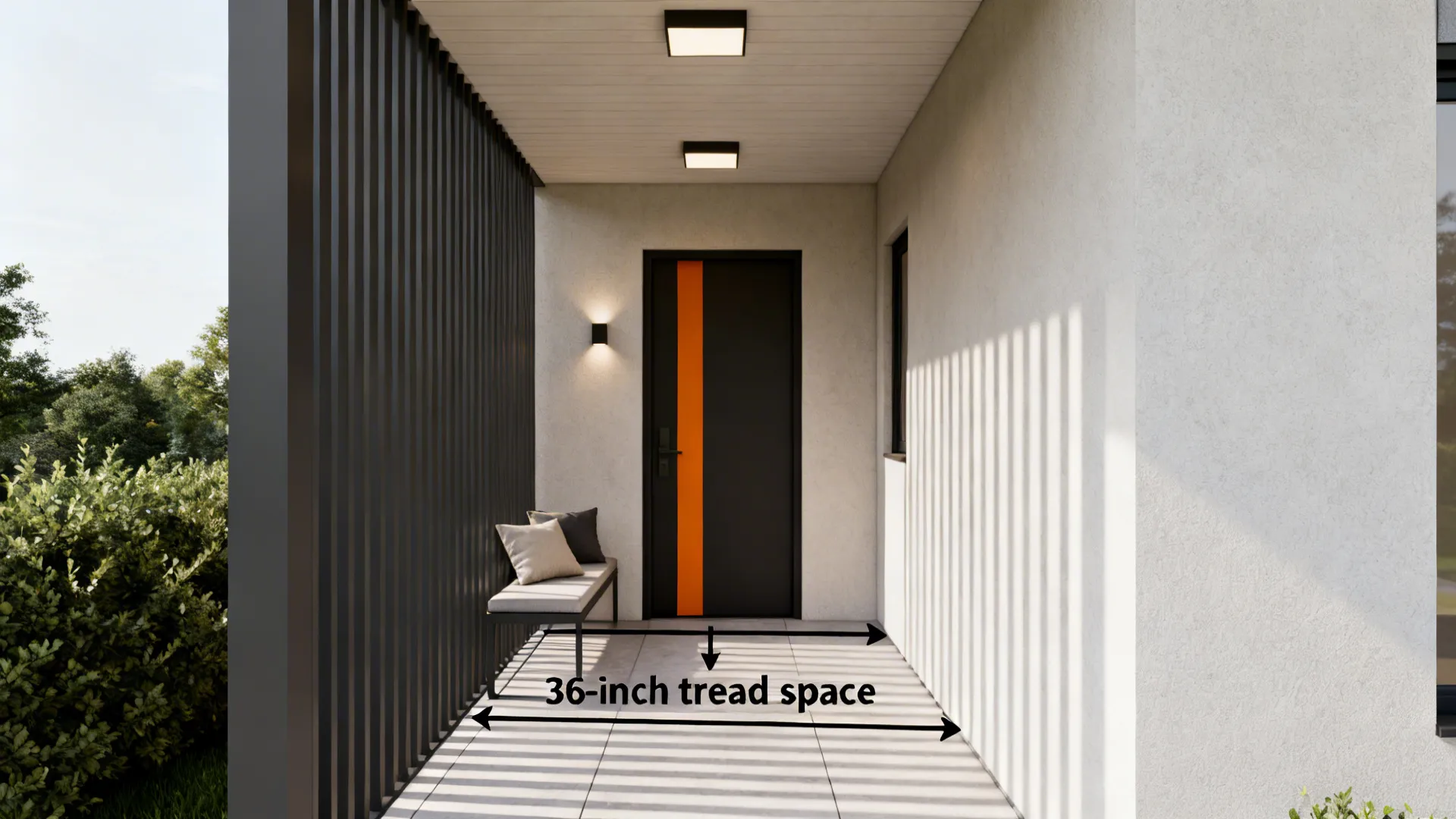 Modern porch showing black door orange stripe wooden bench and thirty six inch floor space