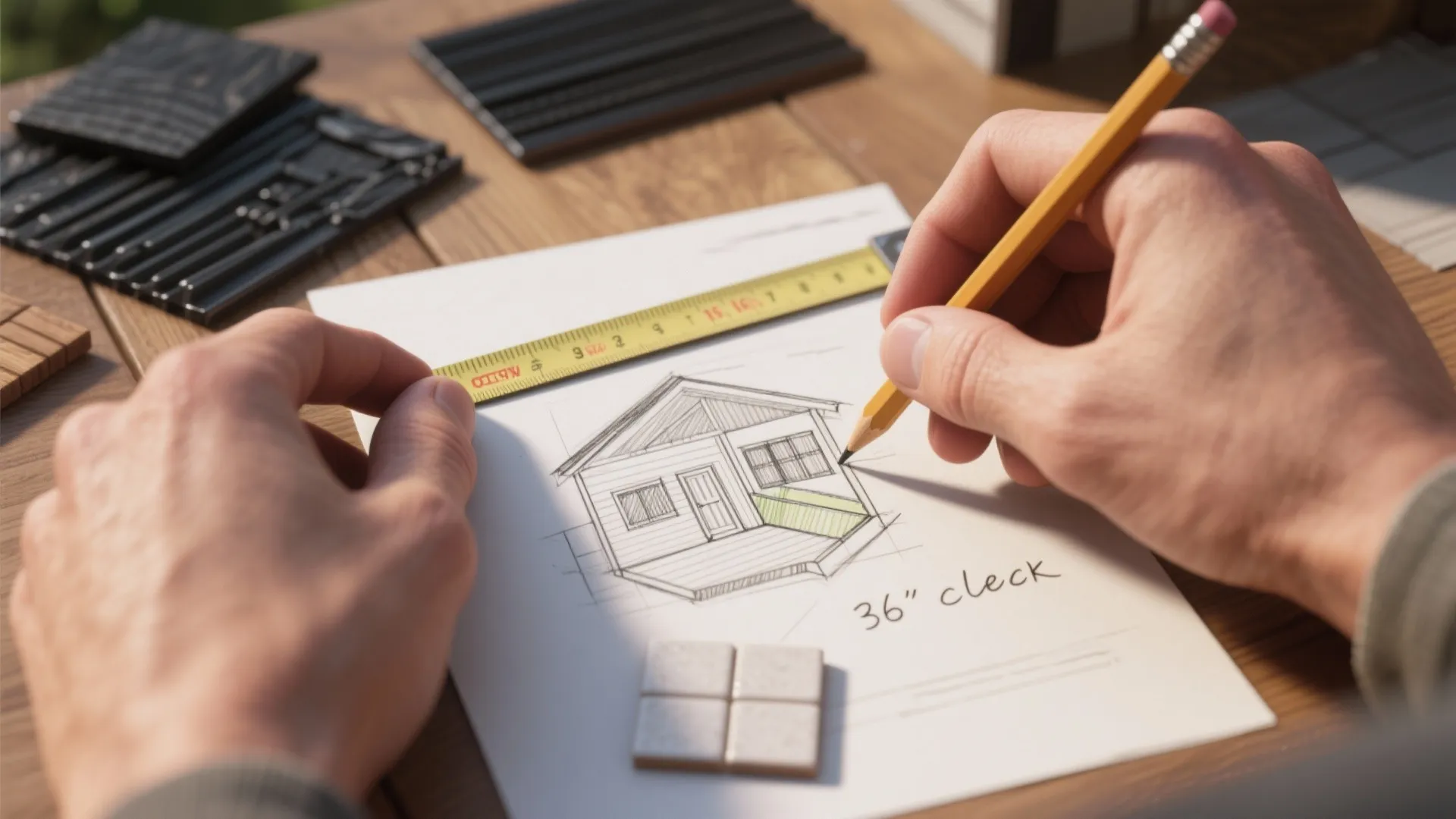 Hands drawing a house interior design drawing with a yellow pencil and a measuring tape