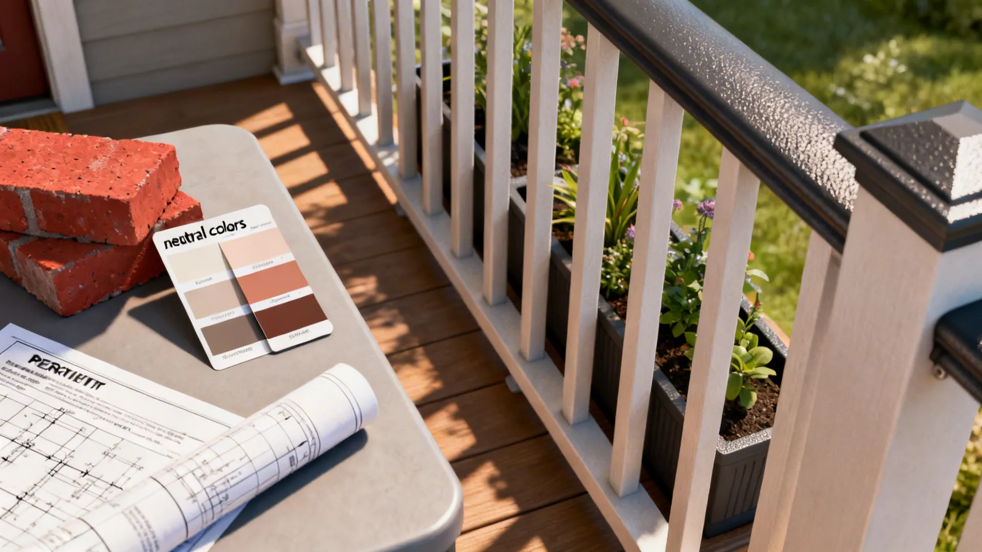 Composite of paint samples, permit plans, waterproofing detail and railing finish for porch FAQs.