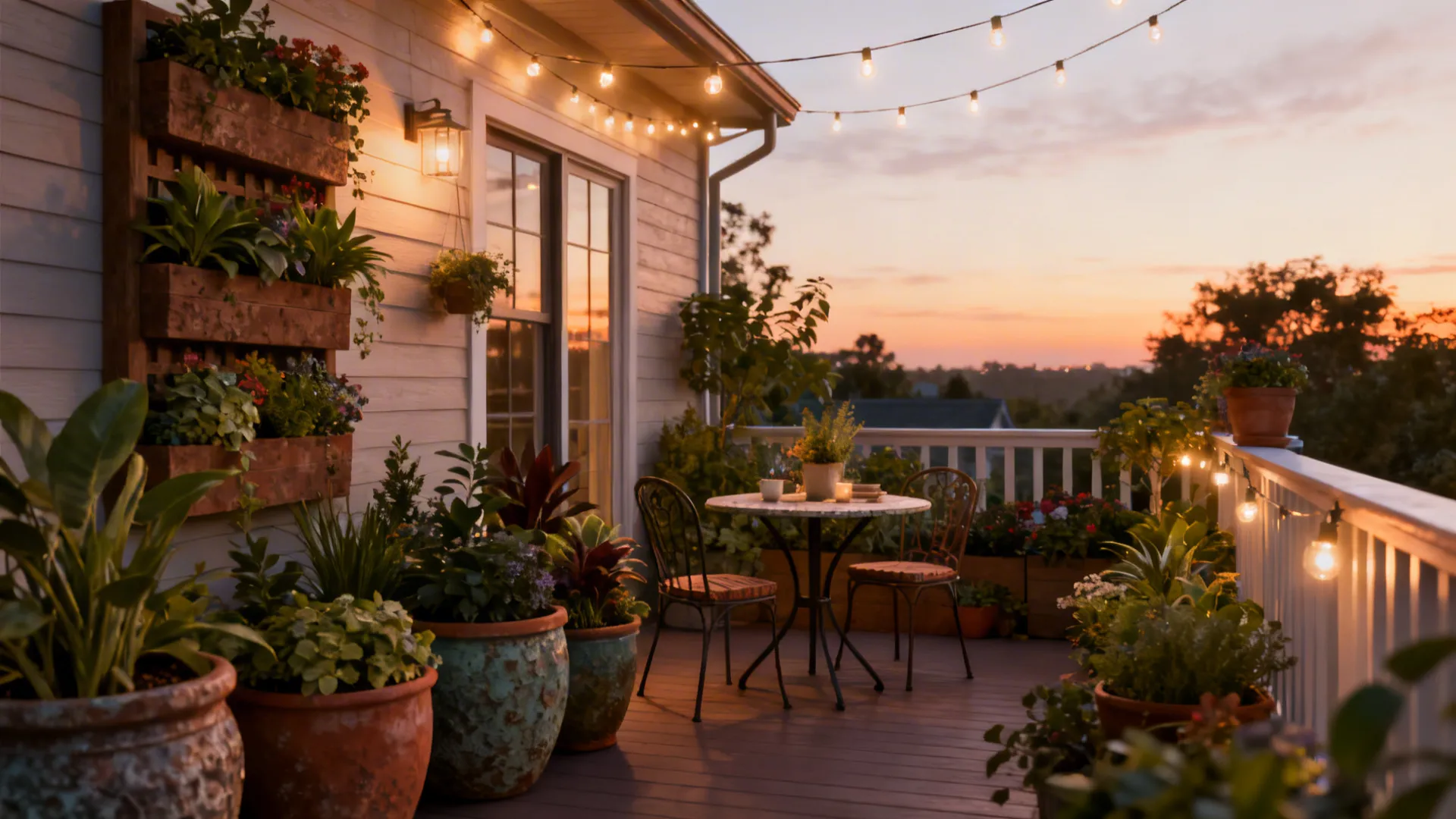 Upper porch converted to a small garden with containers, bistro table and layered lighting.