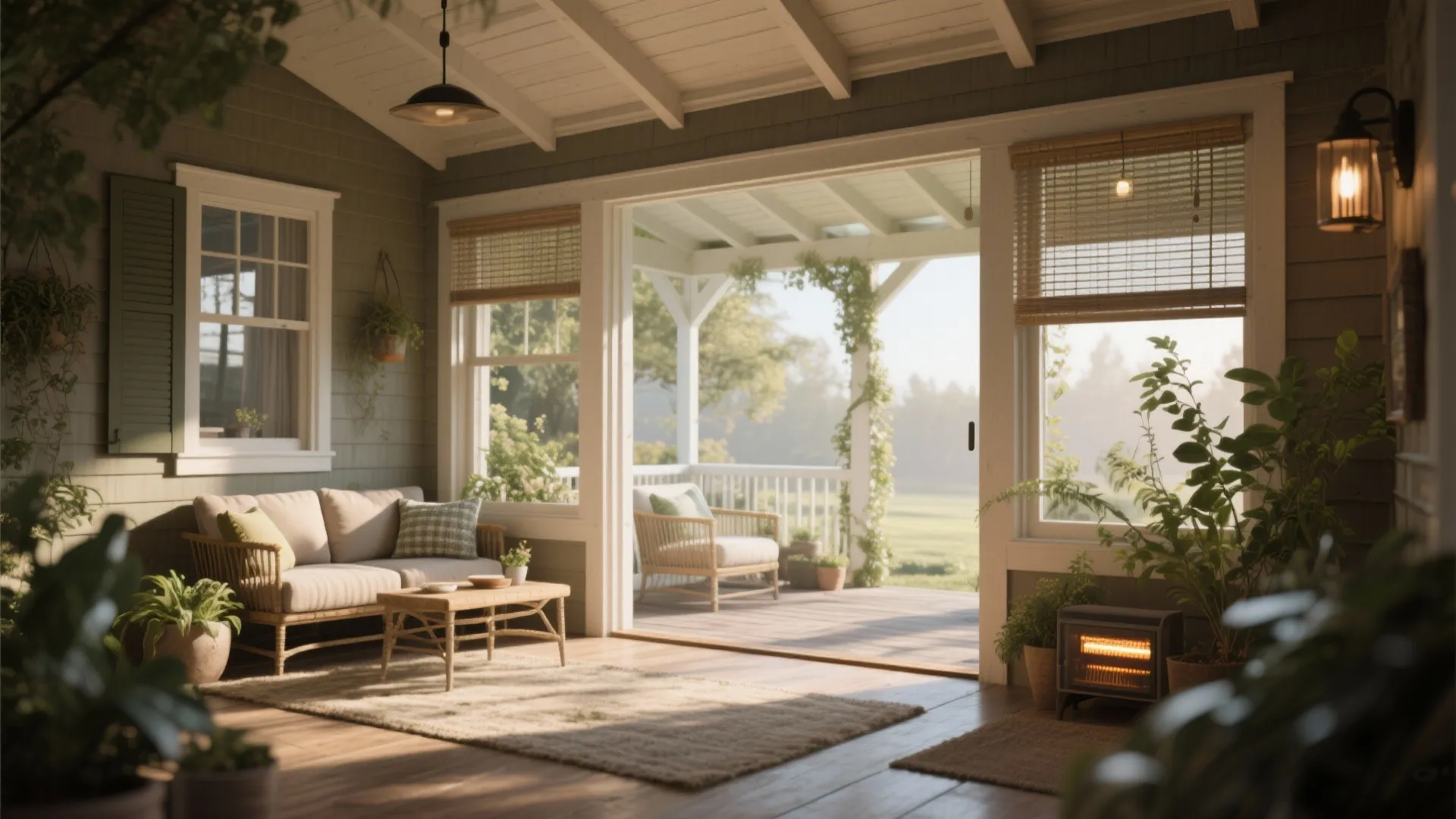 Indoor outdoor sunroom with a beige sofa coffee table rug wall light and large open windows