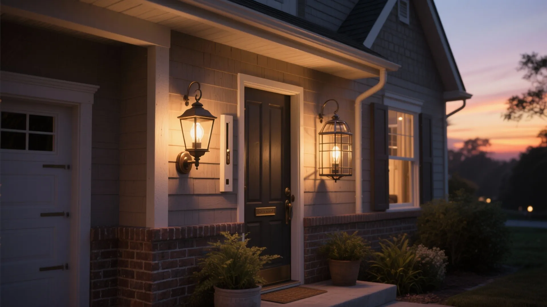 Warm glow from two black wall lights on a house porch with plants at sunset.
