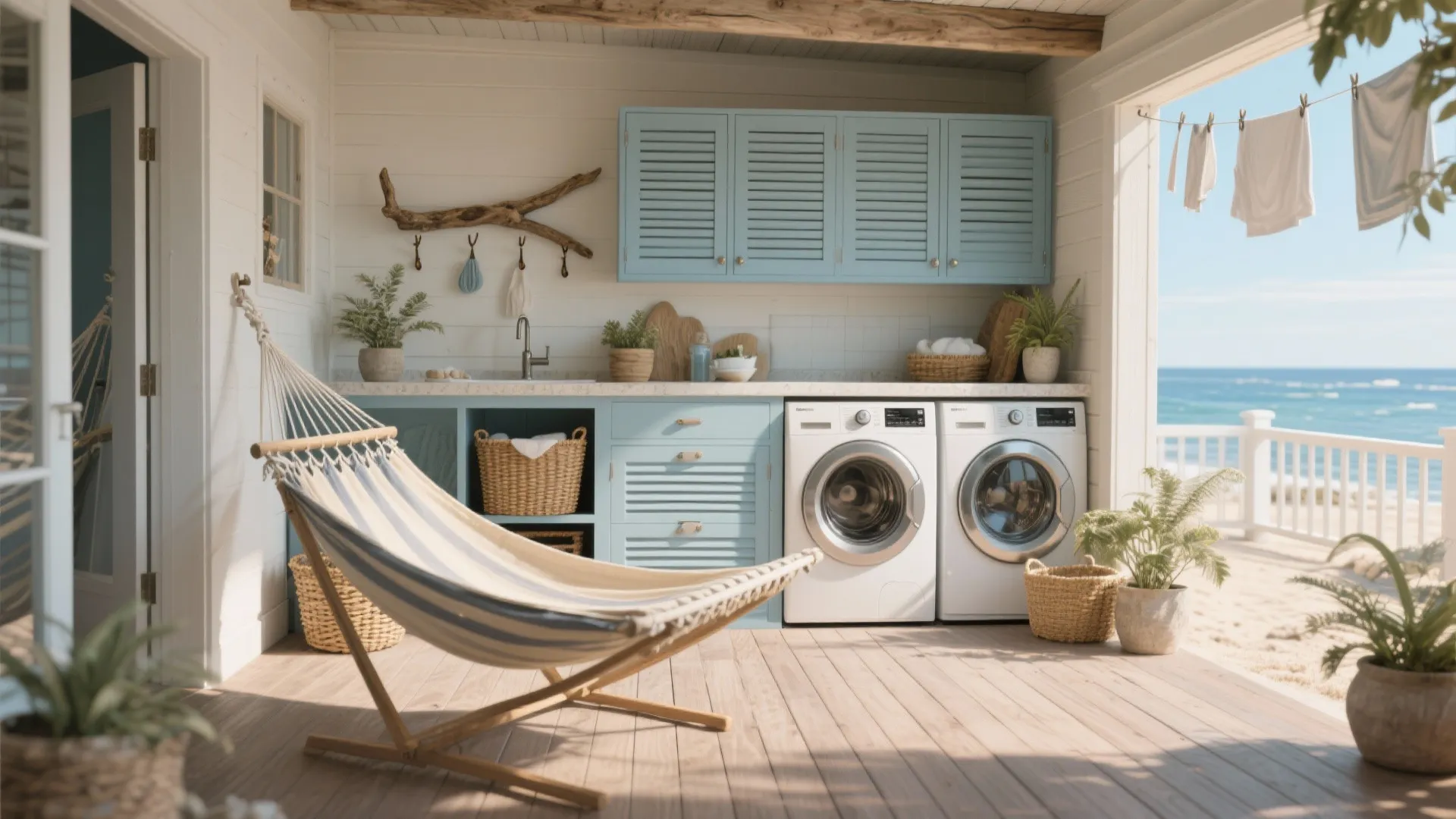 Coastal porch laundry space with blue cabinets washing machines striped hammock and sunny beach view