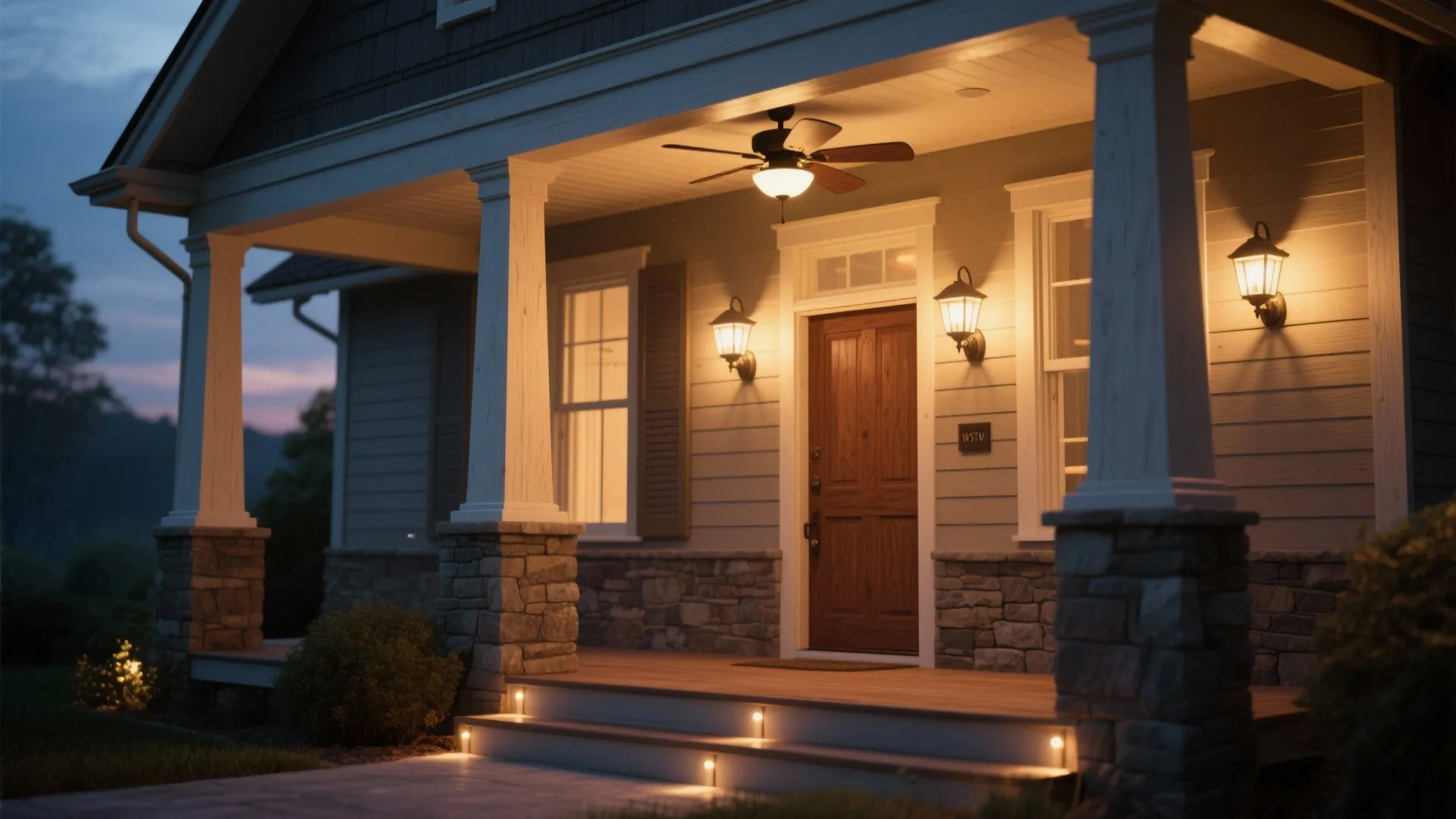 5. Emphasize a covered front porch with layered lighting