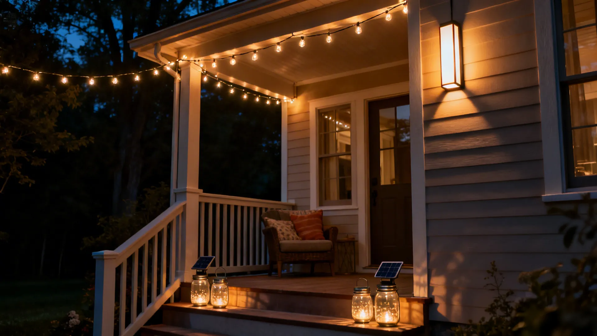 Small porch at dusk lit by a wall sconce, string lights and solar lanterns creating warm ambiance.