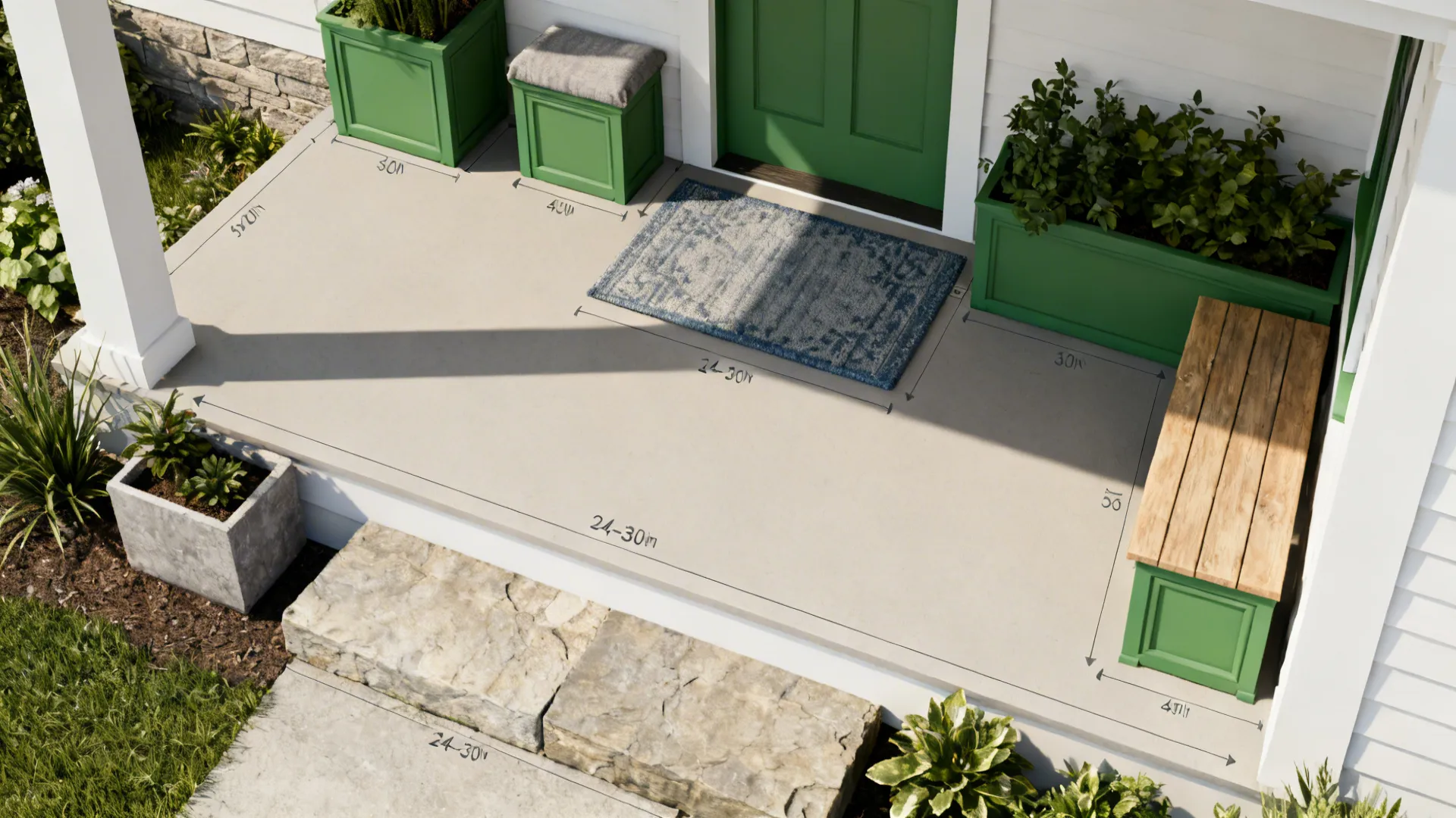 Top-down porch layout showing furniture footprints and walk-through clearance on a narrow porch