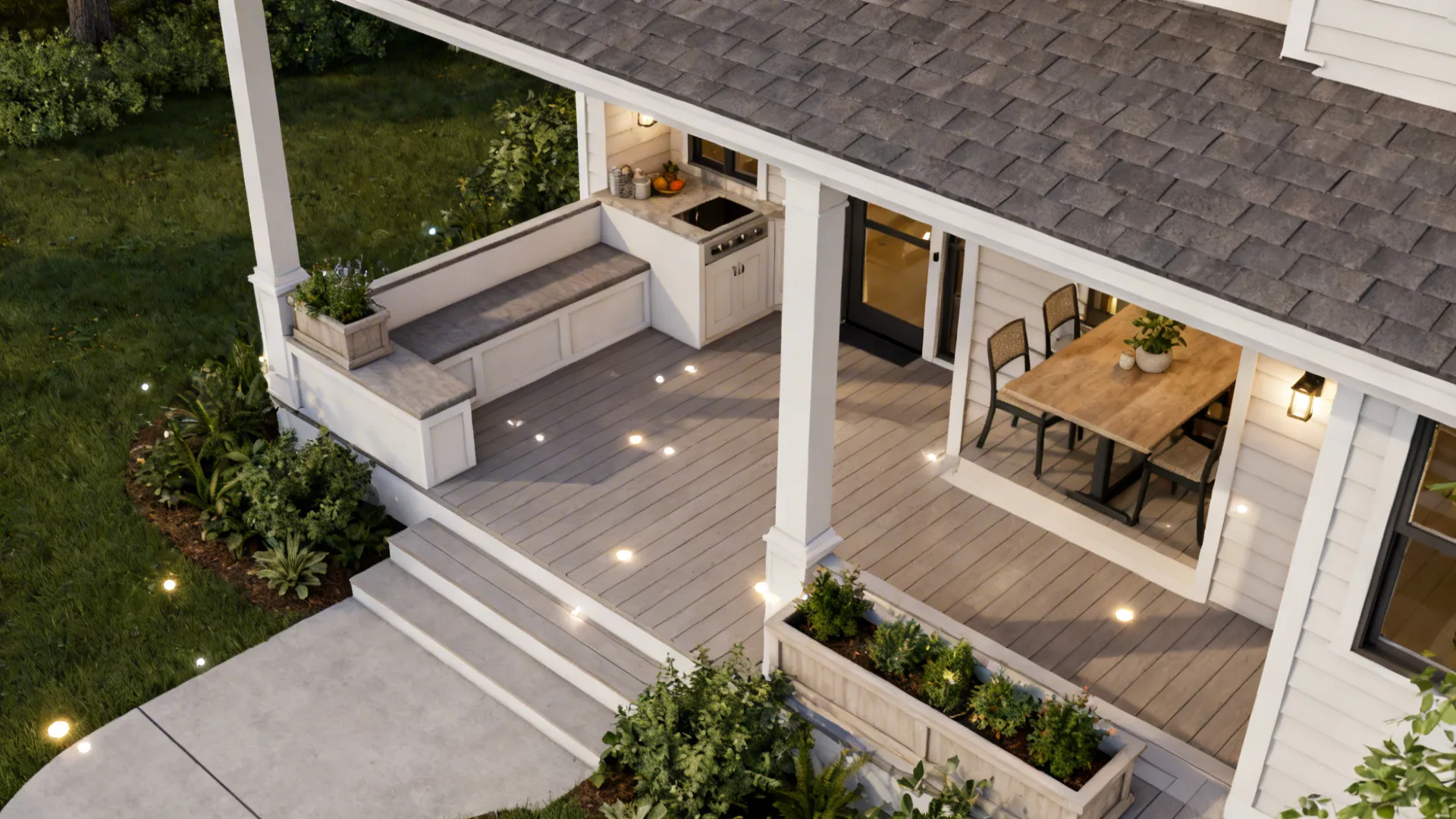 Top-down porch layout showing seating, circulation, planters and lighting zones.