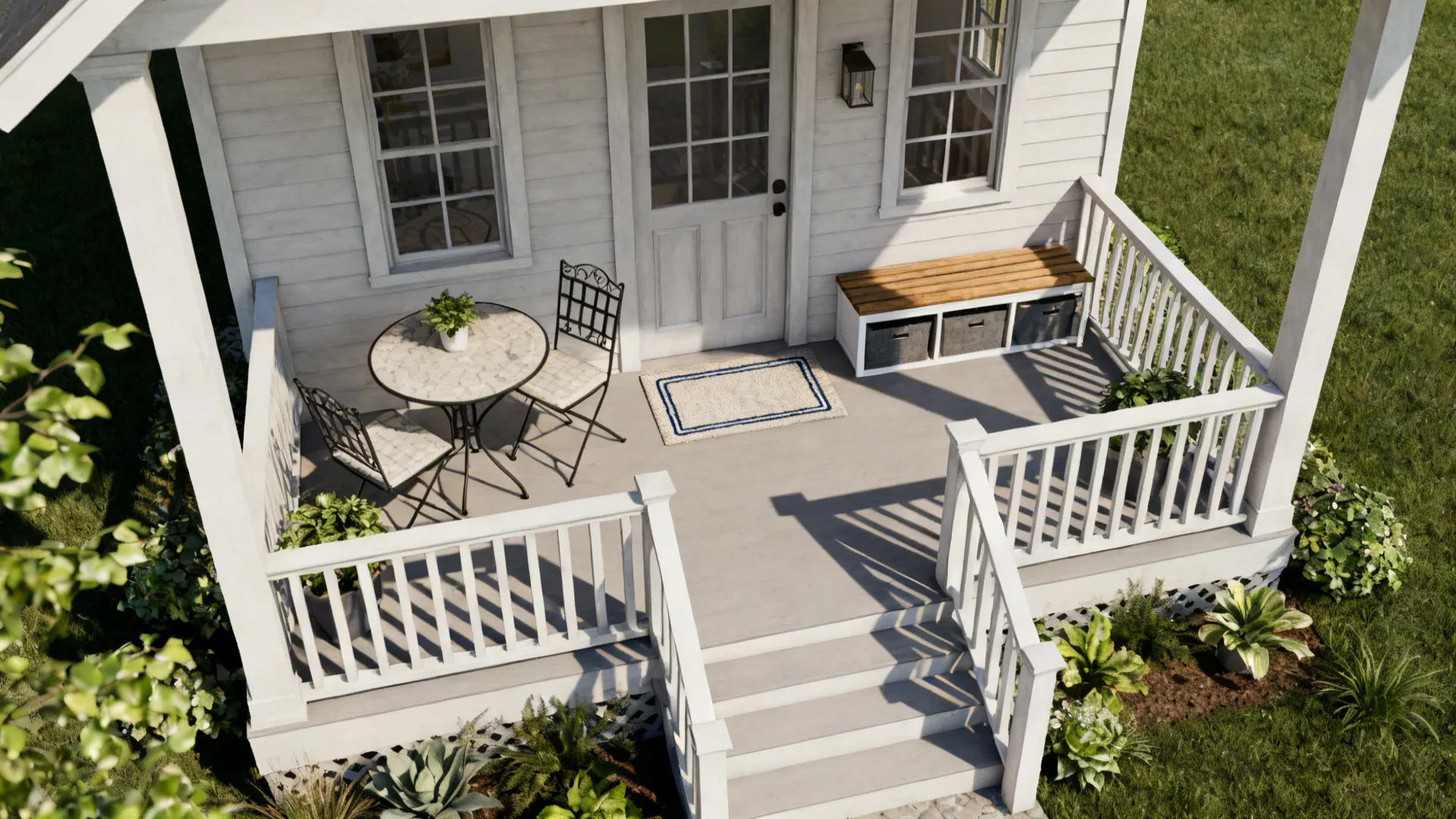 Top-down layout mockup showing furniture options and scale for a tiny porch.