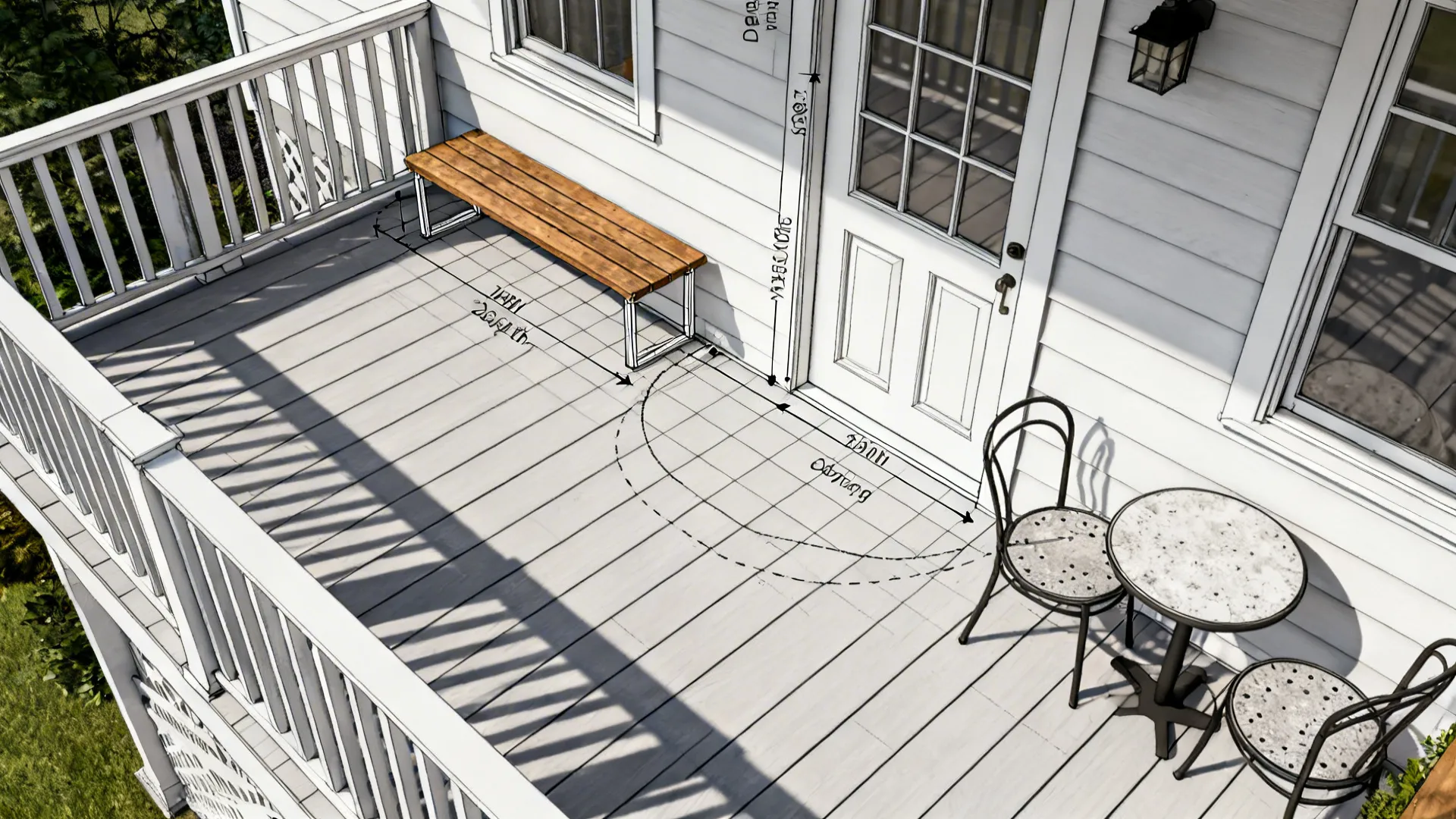 Interior design drawing of a white porch showing measurements for door, bench, and outdoor furniture