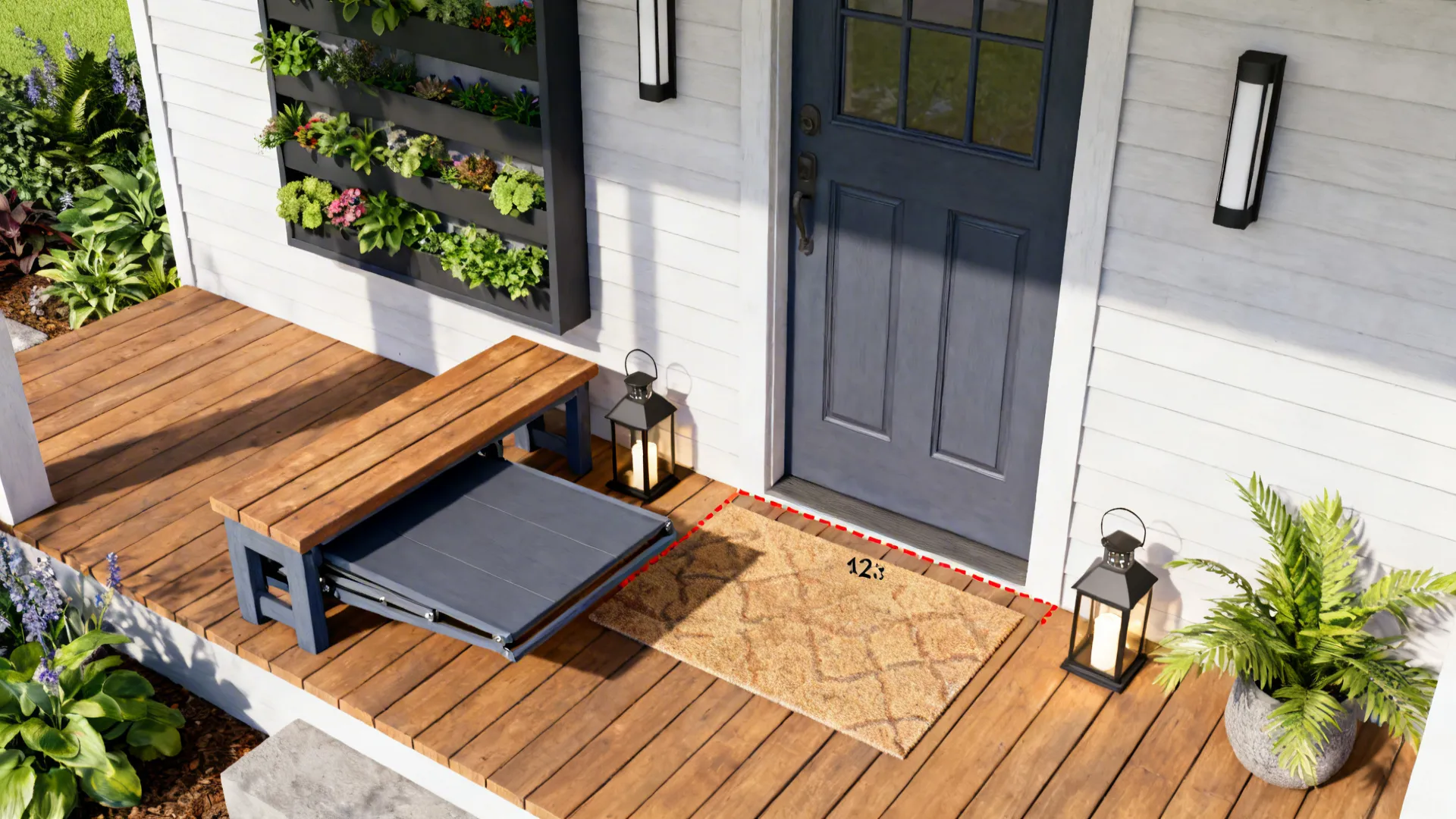 Top-down 3D layout of a narrow porch showing rug, bench positions, vertical planters and clearance zones.