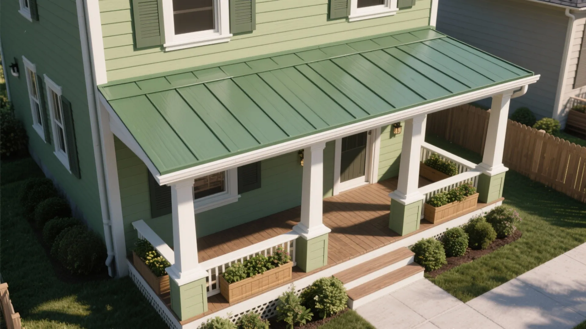 Top-down view of a porch with awning, planter boxes, and contrasting porch ceiling demonstrating light and shadow on sage siding.