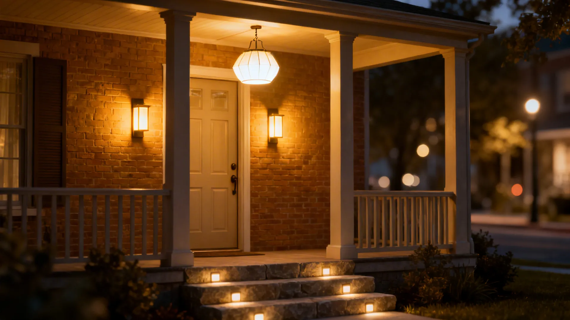 Layered warm lighting on a brick porch with wall sconces, step lights, and a pendant.