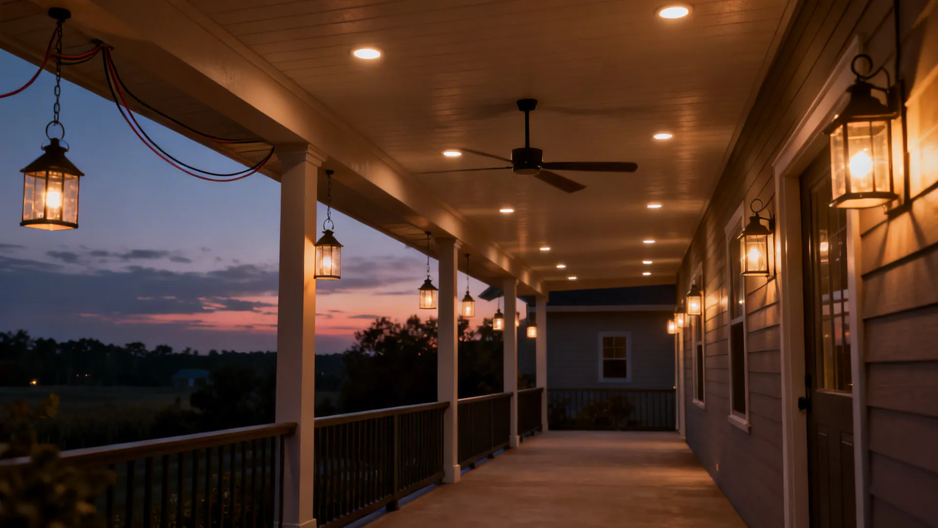 Ranch porch at dusk with recessed lights, pendant lanterns, and an outdoor ceiling fan.