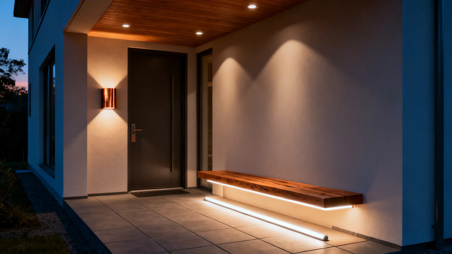 Night porch with dark door wooden ceiling lights wall light and bench with LED strip