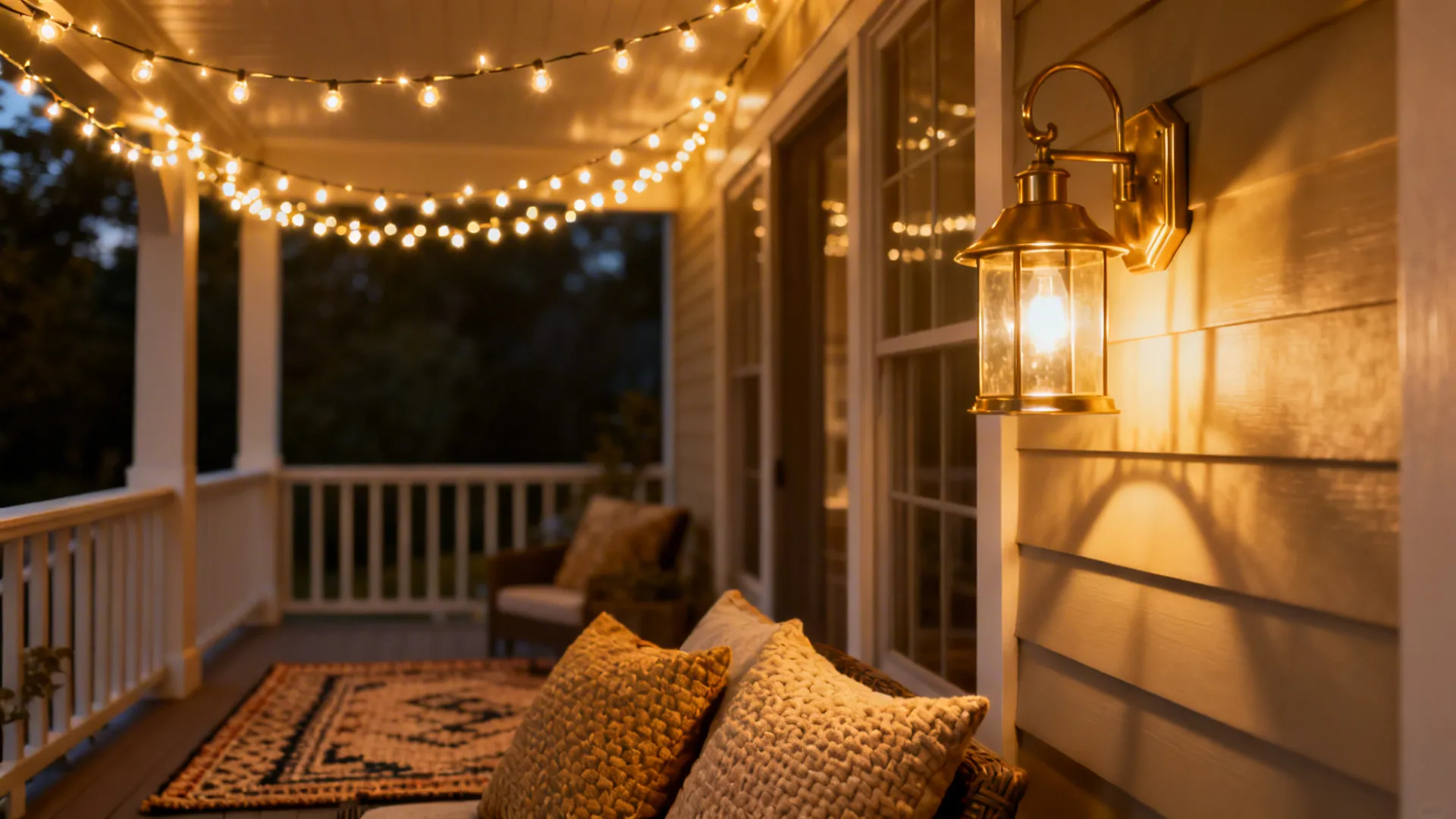 Cozy front porch at night with hanging string lights, wall light, rug and decorative pillows