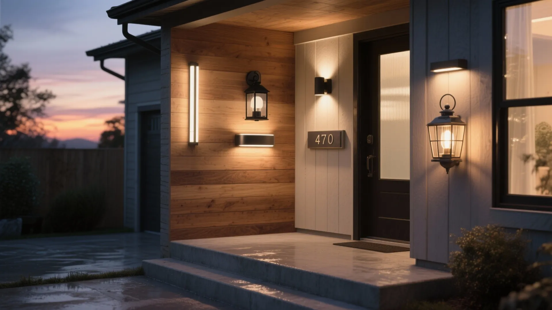 Modern house front porch with multiple warm wall lights on wooden panels and white house walls