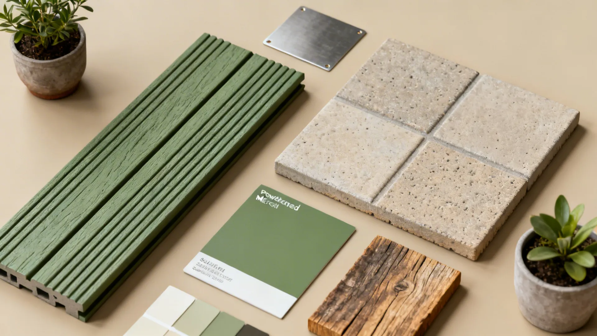 Modern outdoor material samples including green floor boards, stone tiles, wood, and small potted plants