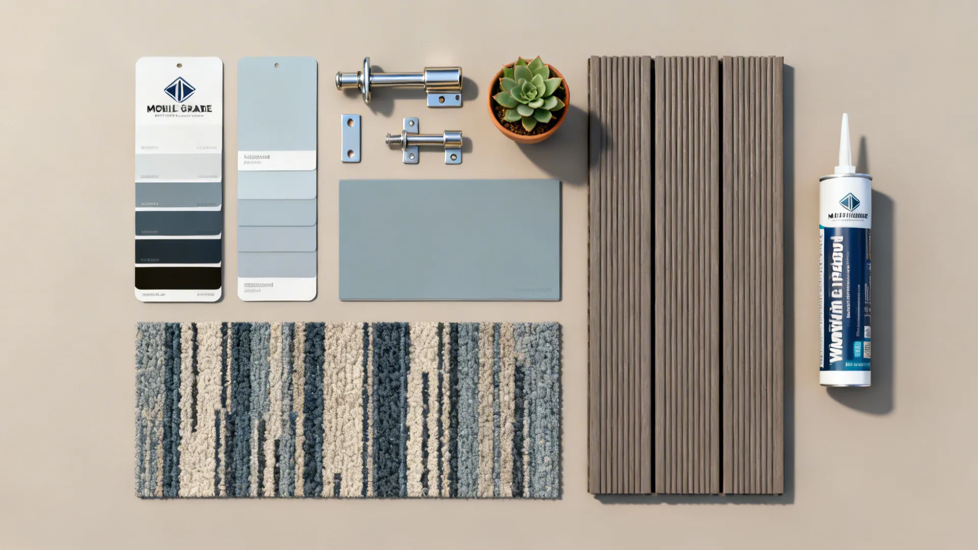 Flatlay of marine-grade paint swatches, stainless hardware, composite decking sample and outdoor rug for porch updates