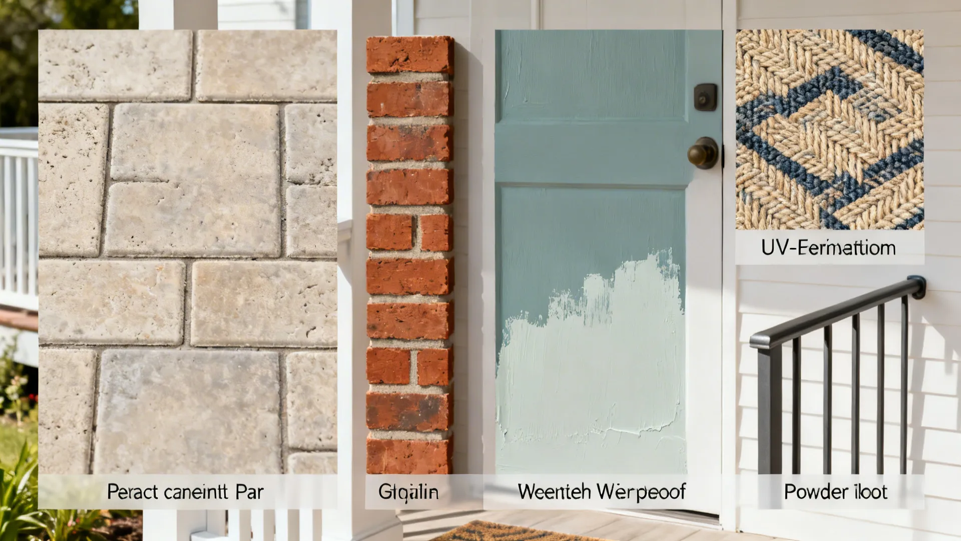 Material samples for small porch upgrades including pavers, brick, outdoor rug, paint chip, and metal railing sample.