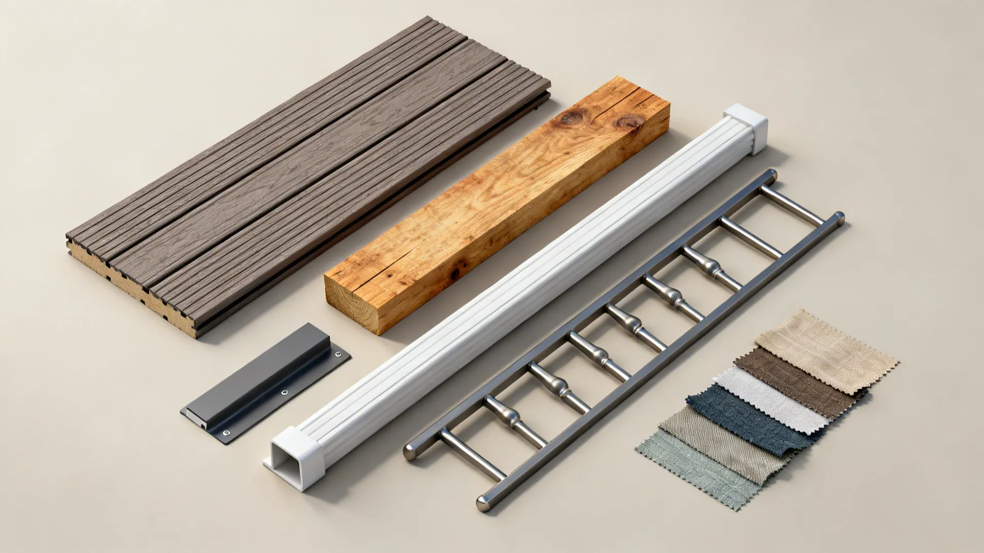 Wood planks metal railing white post and fabric swatches for porch home renovation material display