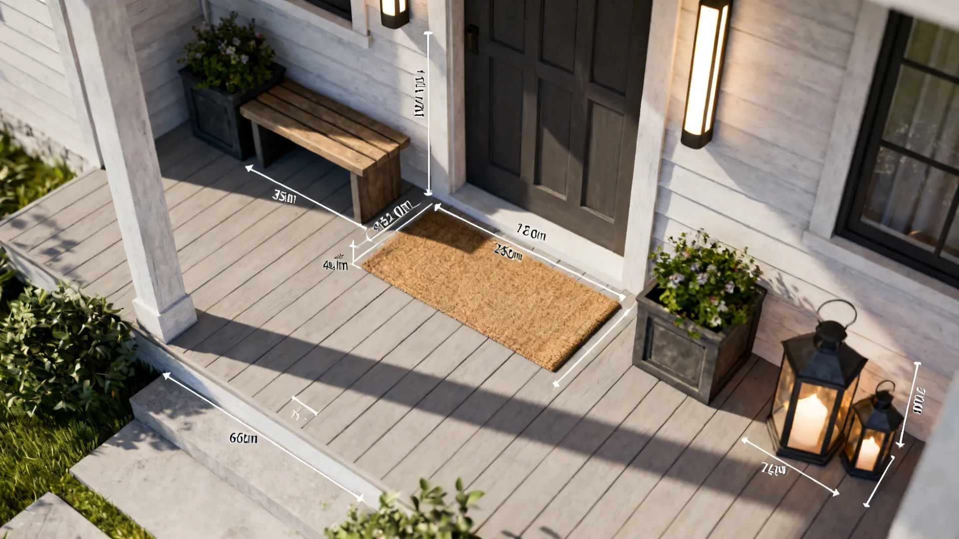 Top-down porch layout mockup showing clearances and decor placement for a tiny porch.