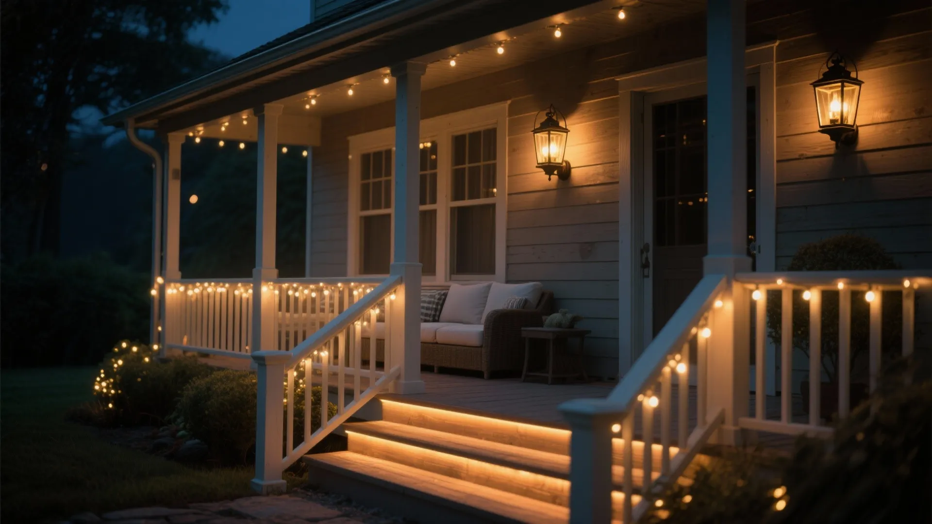 Porch illuminated with fairy lights and warm LED accents