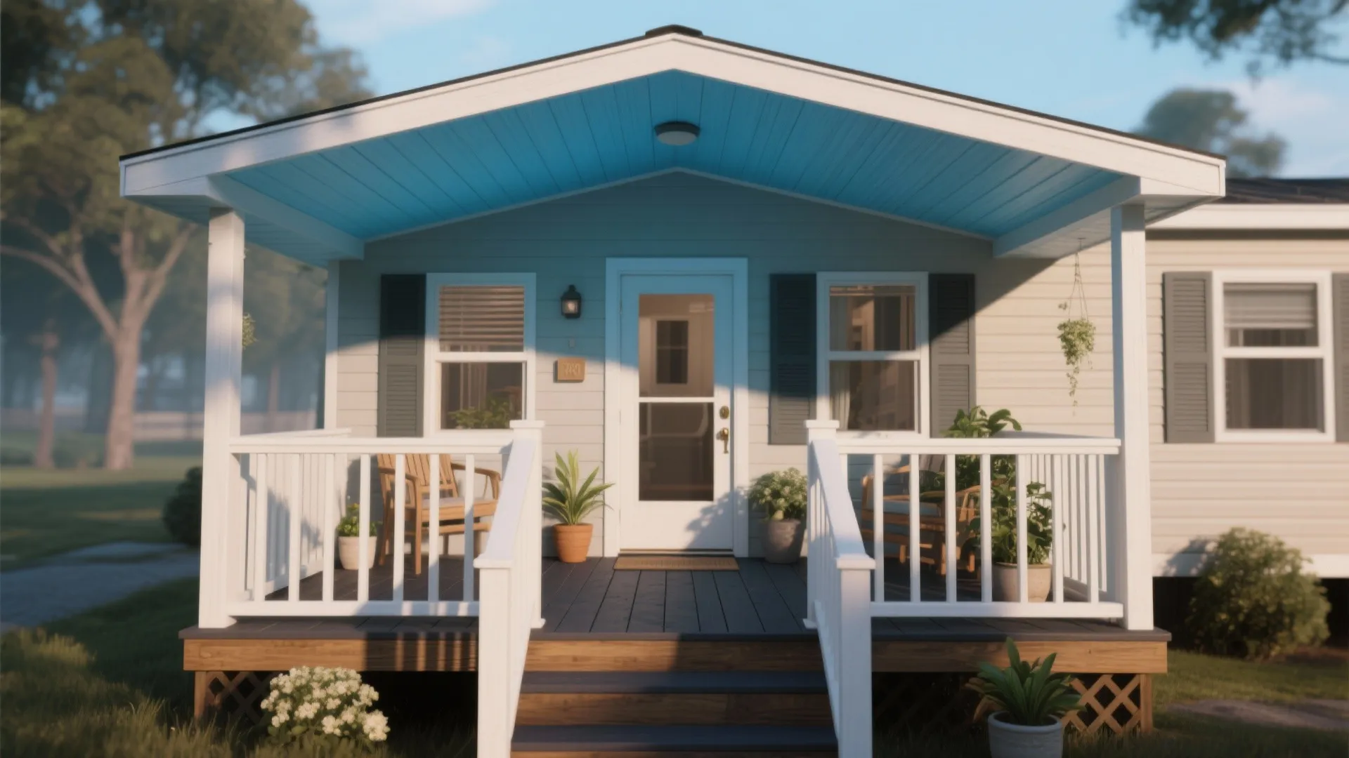 Modern mobile home porch with white wooden railing, blue ceiling, outdoor chairs, and potted plants