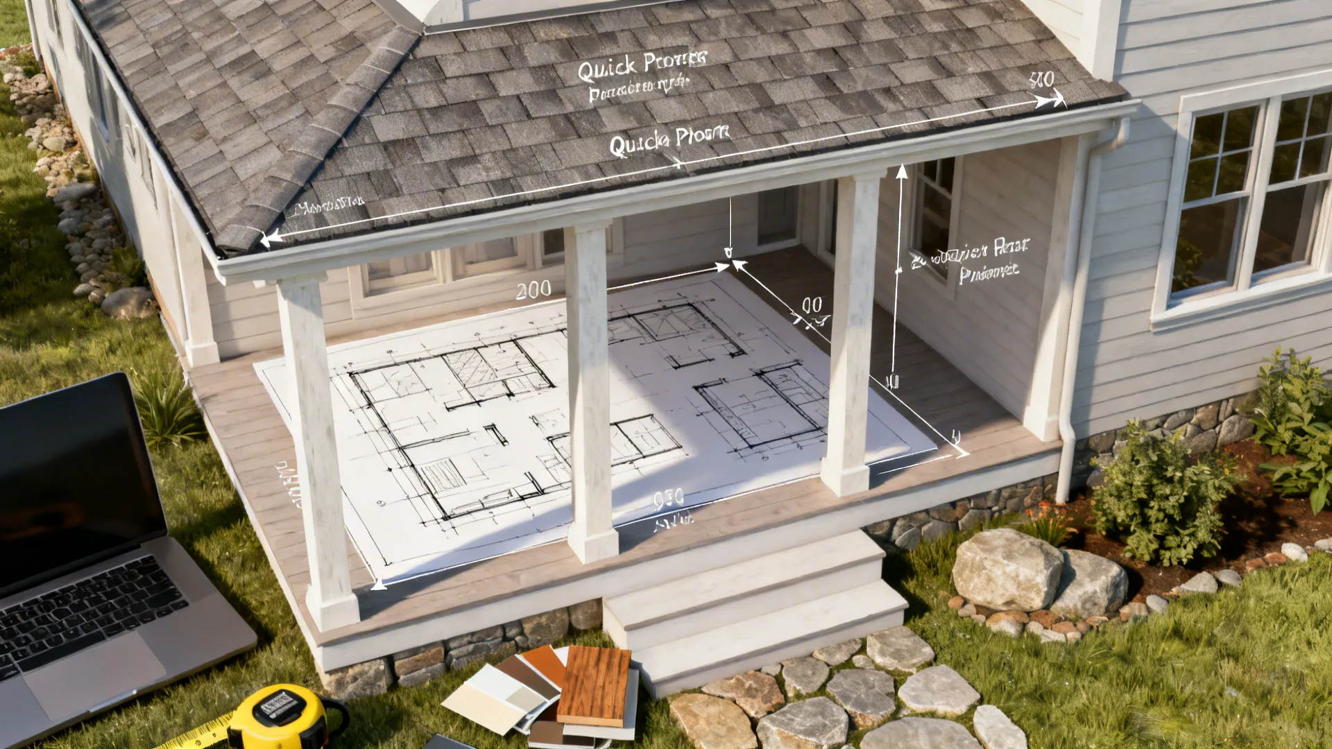 Top-down view of a porch planning setup with a floor planner, material swatches, and tools.