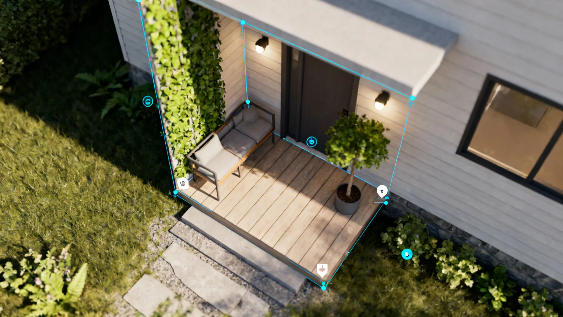 Top-down 3D floor planner view showing layout options for a tiny porch with decor annotations.