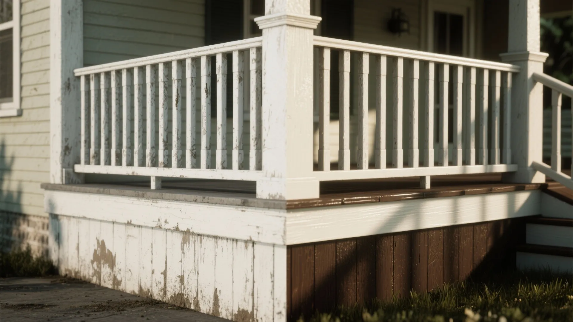Before-and-after of a porch showing unprotected pale plinth with stains and a protected darker plinth with durable finish.