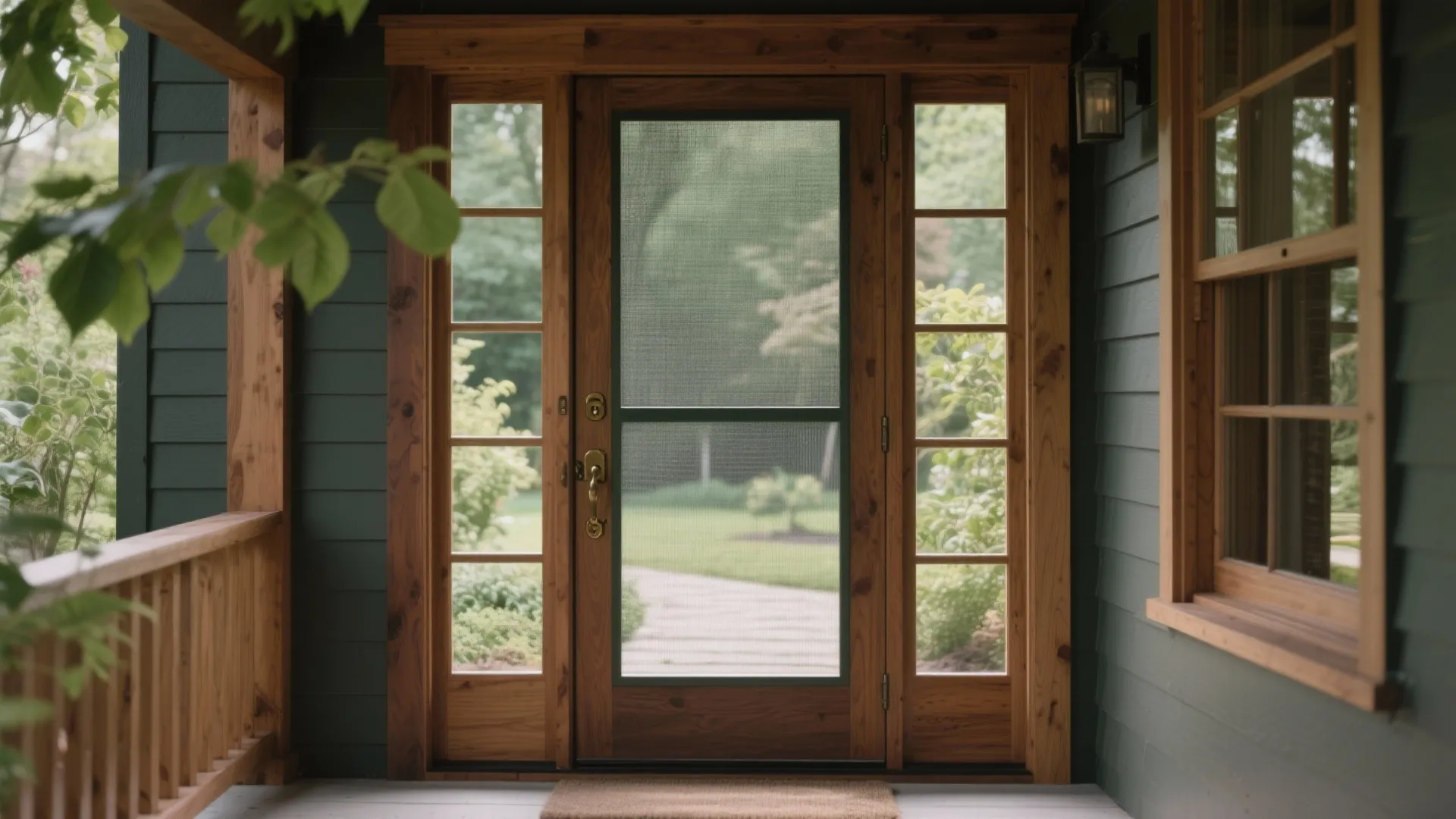 Wooden screen door on green porch with glass panels and view of trees and garden