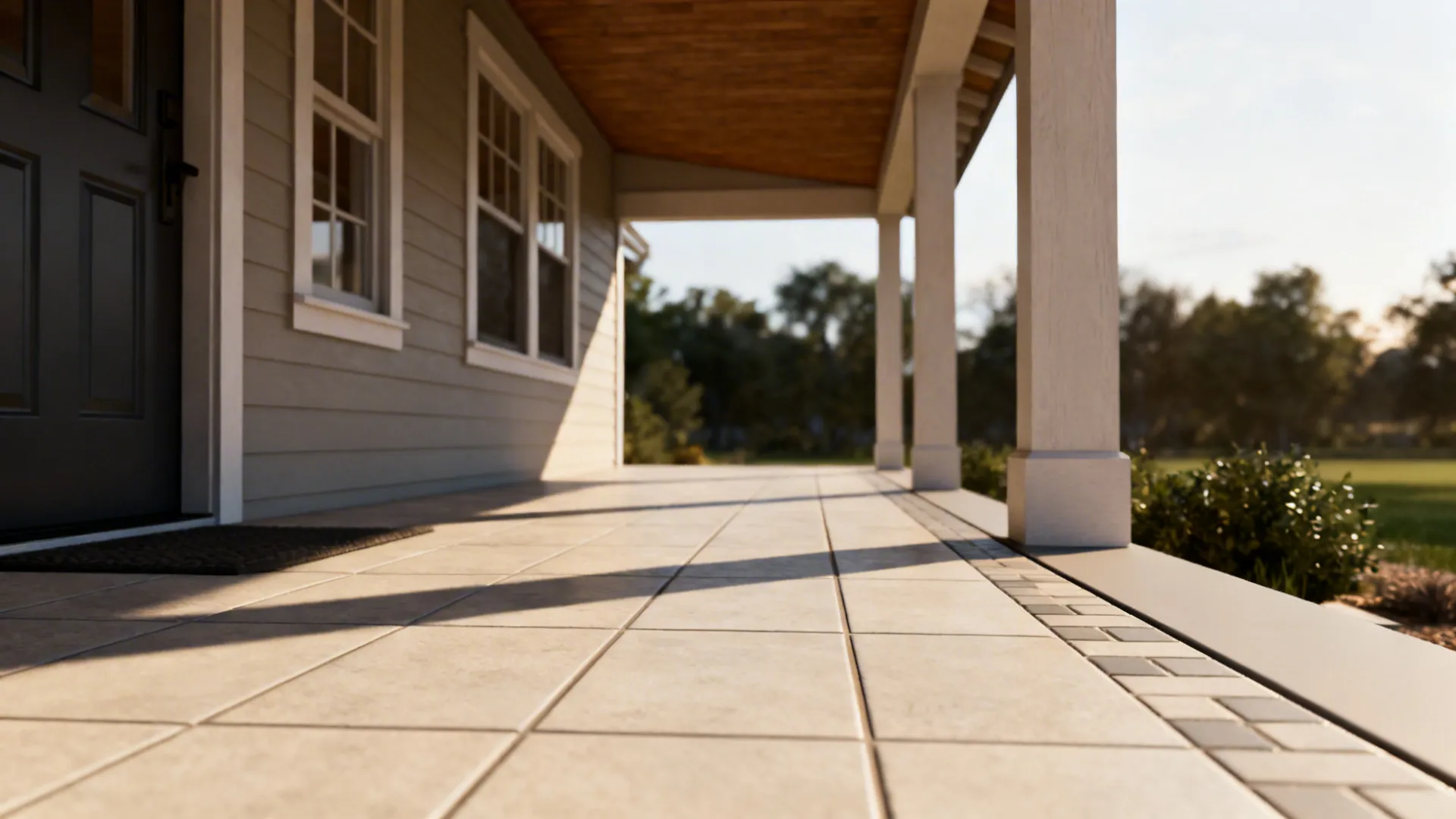 Covered porch showing seamless transition between indoor tile and exterior porcelain paver.
