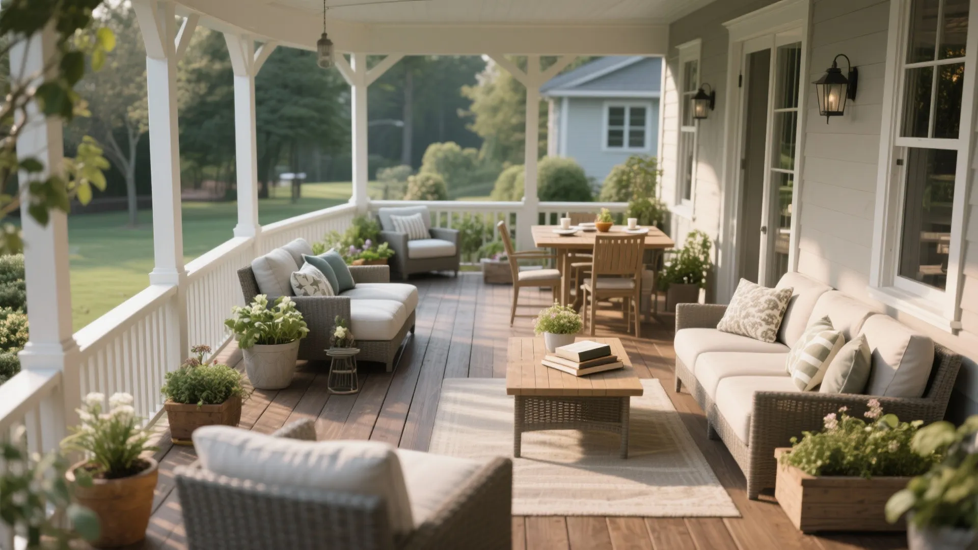 Wrap-around porch with seating, breakfast spot, and plants