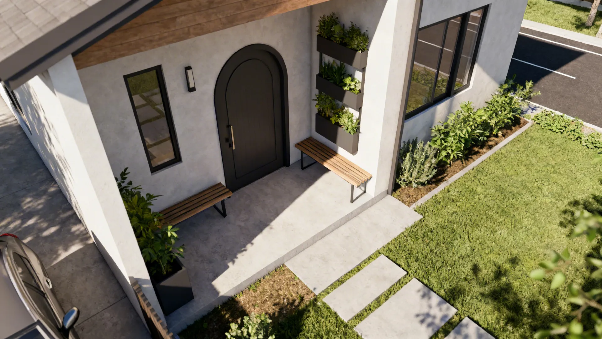 Top-down porch layout diagram showing sightlines, door swing, and circulation for a compact porch.