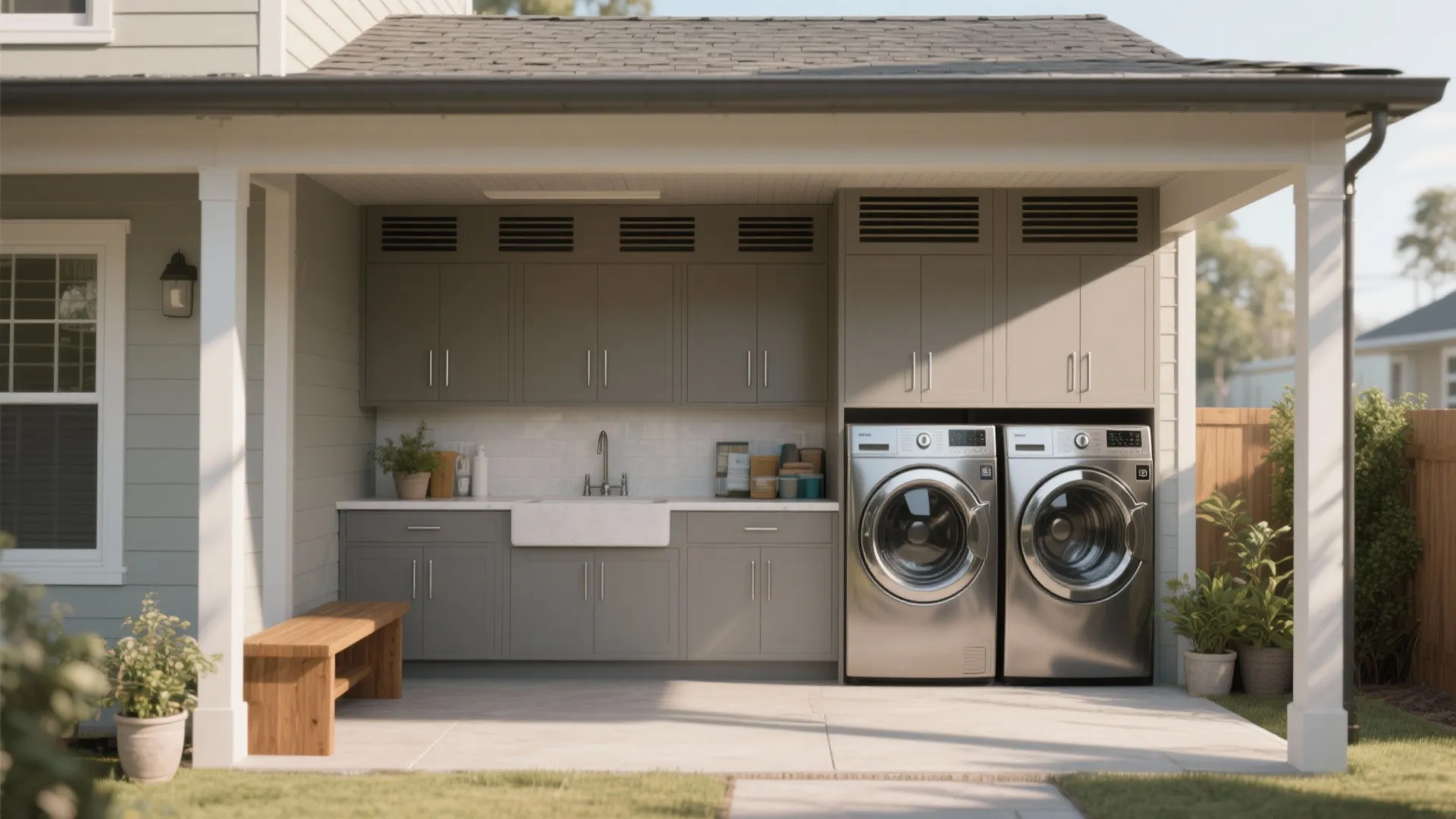 Covered porch laundry area with built-in vented cabinets and weatherproof counter protecting washer and dryer.