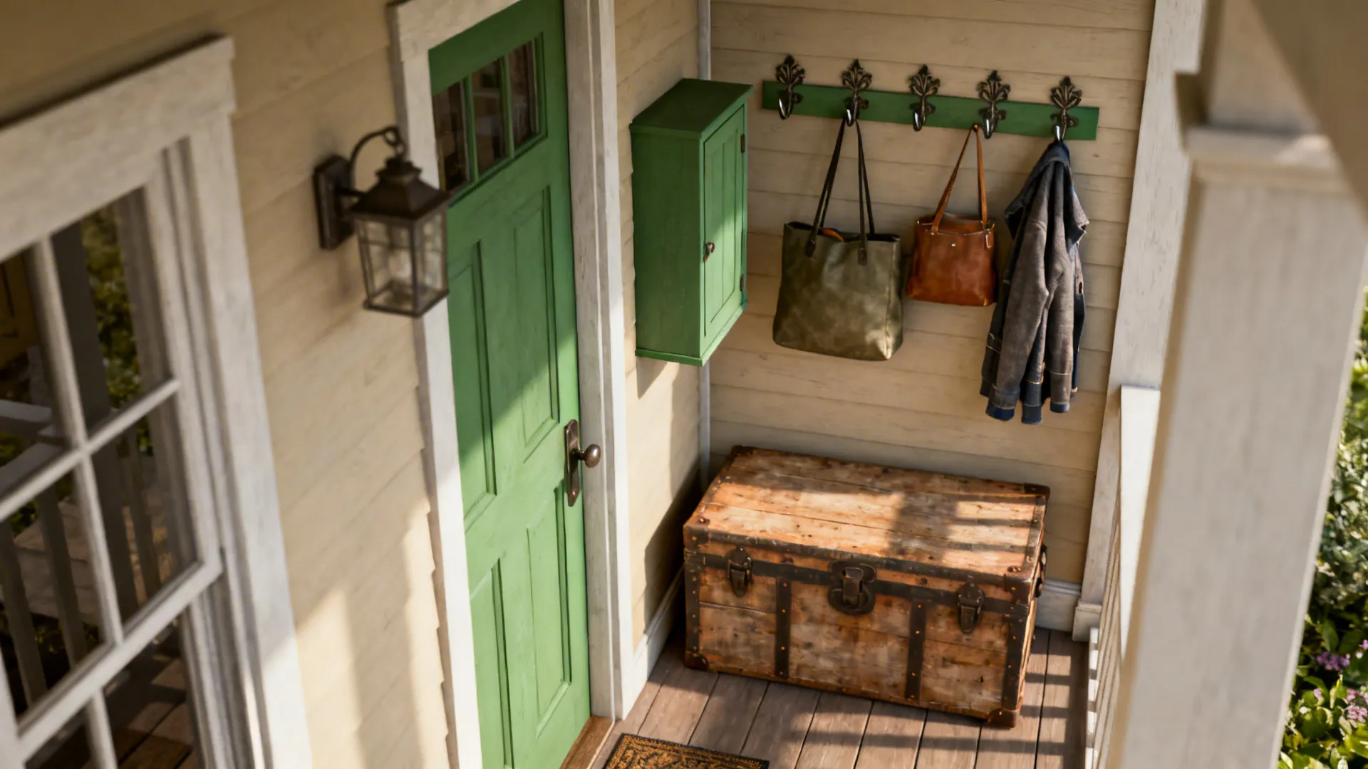 Narrow porch with slim cabinet, rustic trunk and hooks providing compact storage